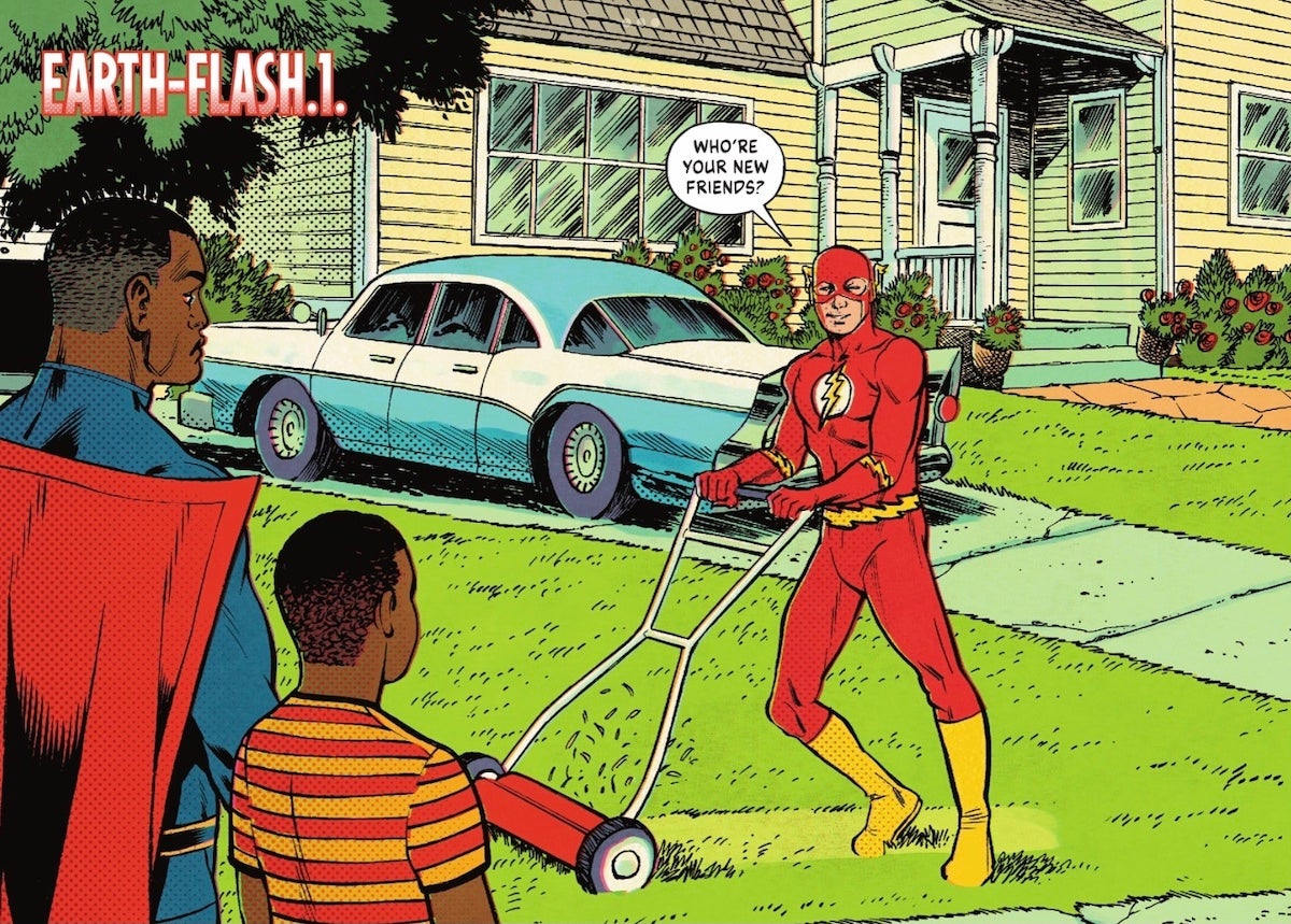 Image of the Flash mowing a lawn