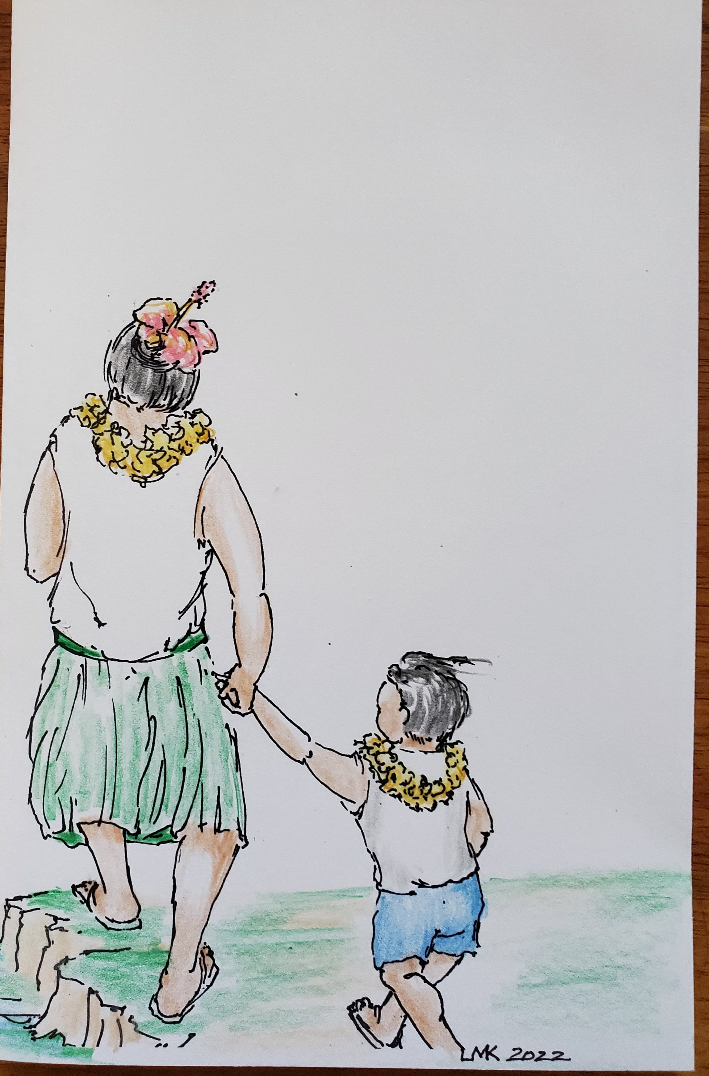 A drawing including two figures holding hands, an adult and a child, wearing leis and one figure wearing a flower and a grass skirt