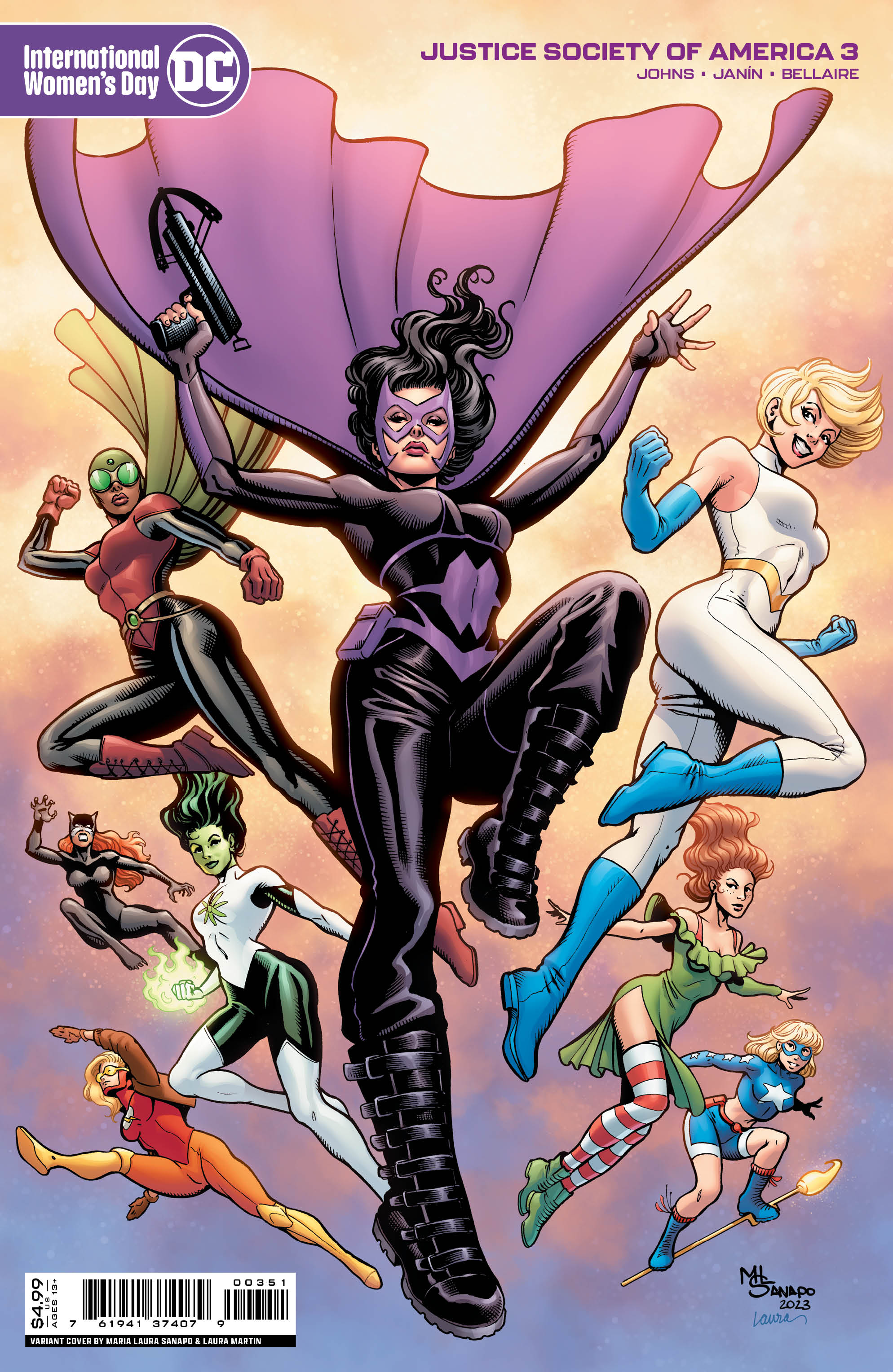 Illustartion of flying superheroes including Huntress and Power Girl