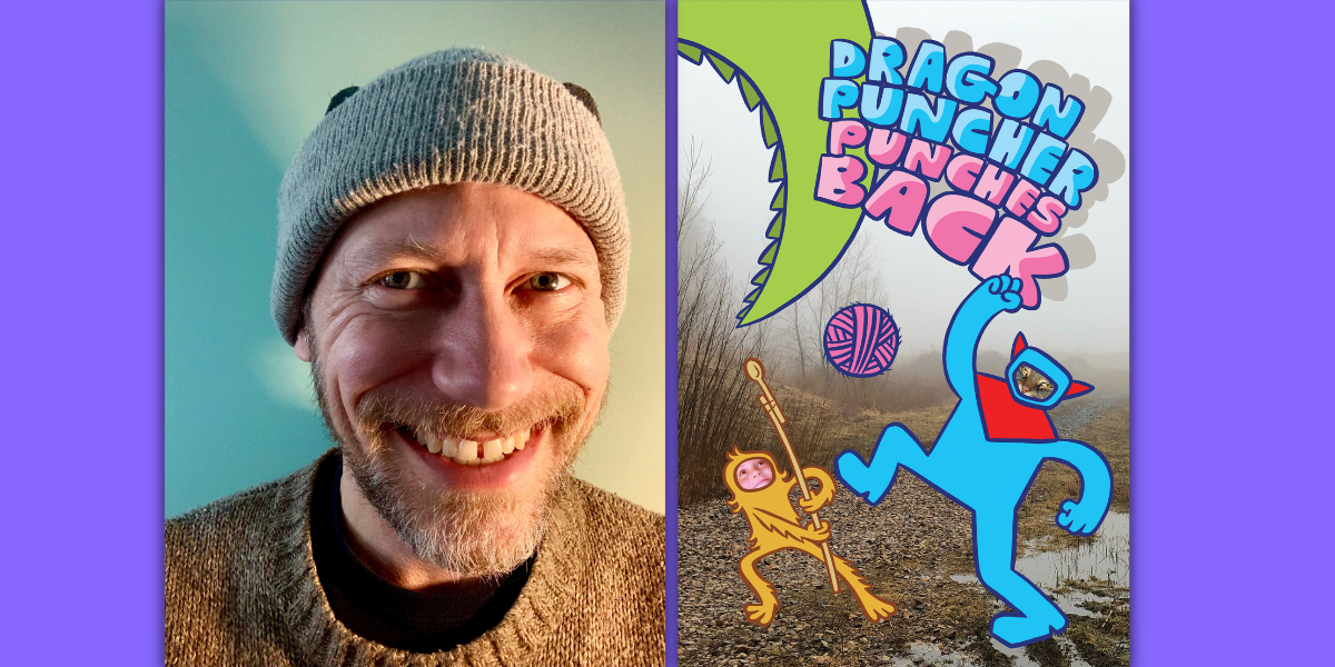 Photograph of James Kochalka next to the cover of Dragon Puncher Punches back on a purple background