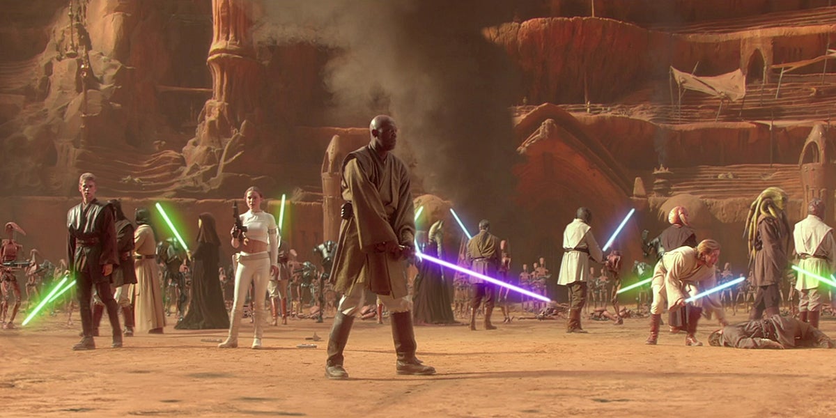 Star Wars Attack of the Clones Mace Windu, Padme Amidala, Anakin Skywalker and other Jedi holding their lightsabers in the Geonosis arena
