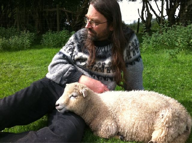 Jeff Minter sitting on the grass with a sheep