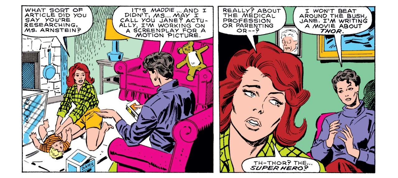 Two panels from Thor 394, an image of Jane playing with Jimmy and screenwriter