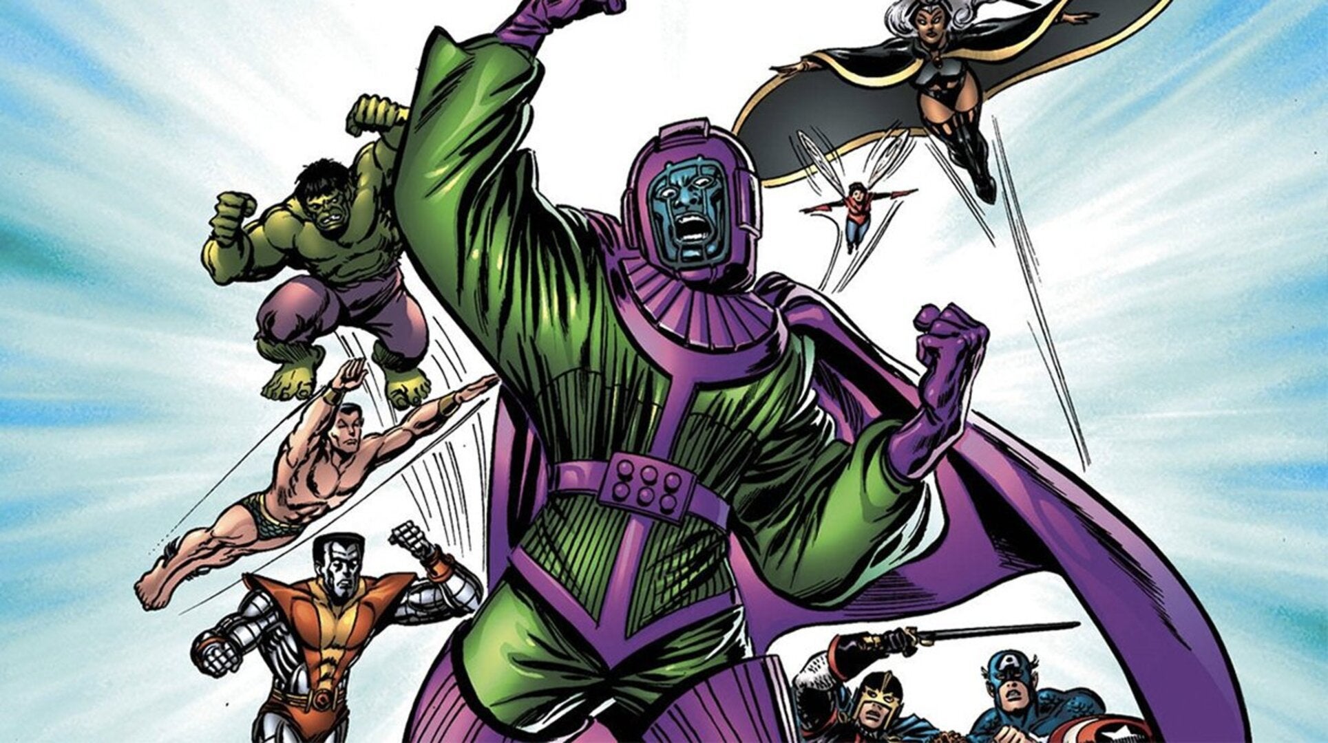 An illustrated image featuring Kang in a fighting stance with heroes behind him