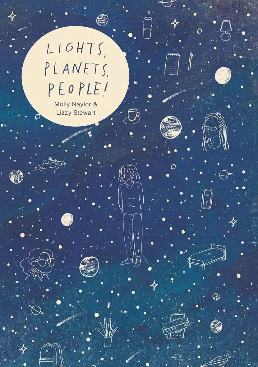 Cover of Lights Planets People, showcasing small white line illustrations set across a space background