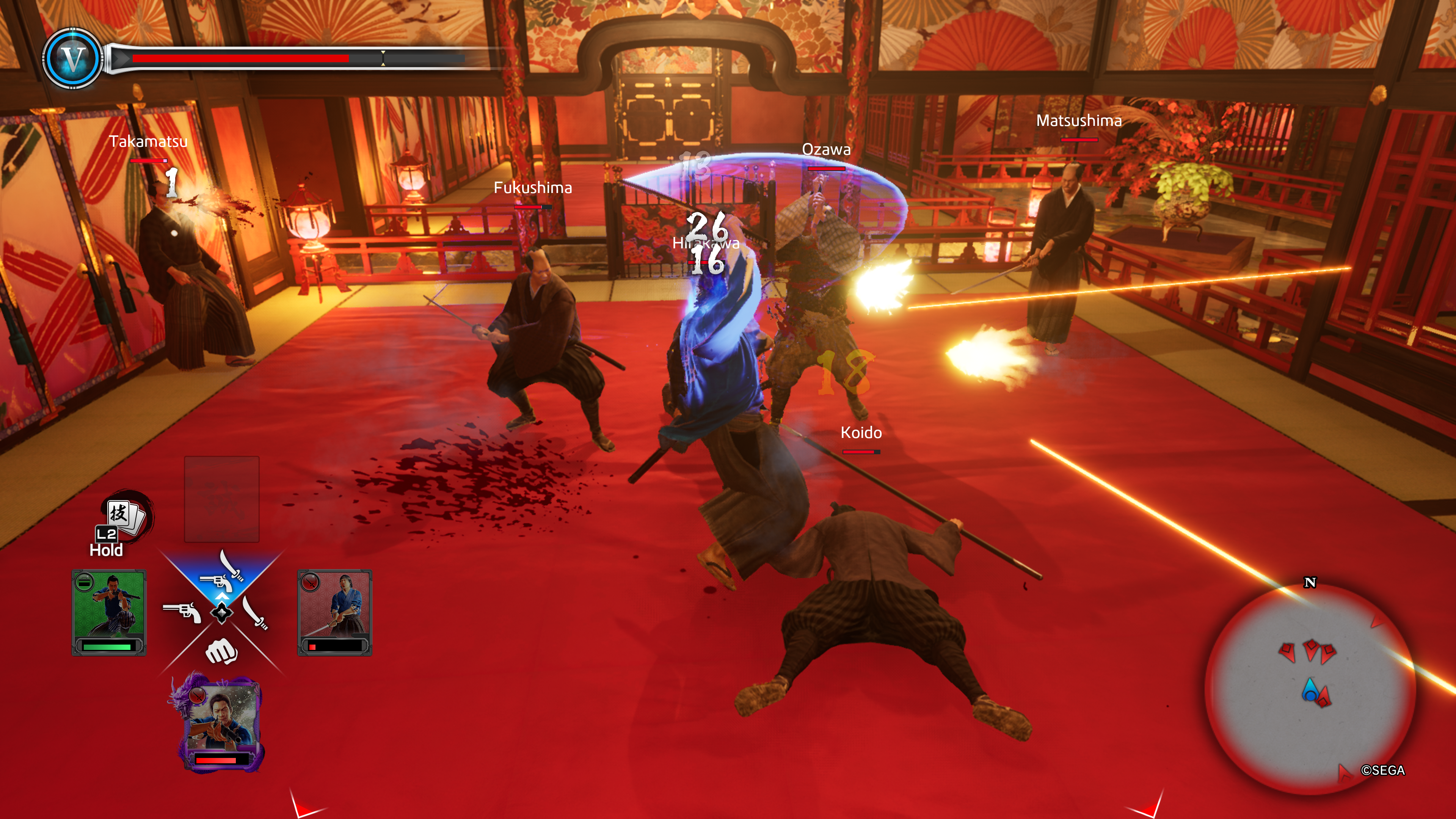 Like a Dragon Ishin review - Ryoma fights several enemies in a red and gold room, three fighting styles are displayed on the bottom left of the UI