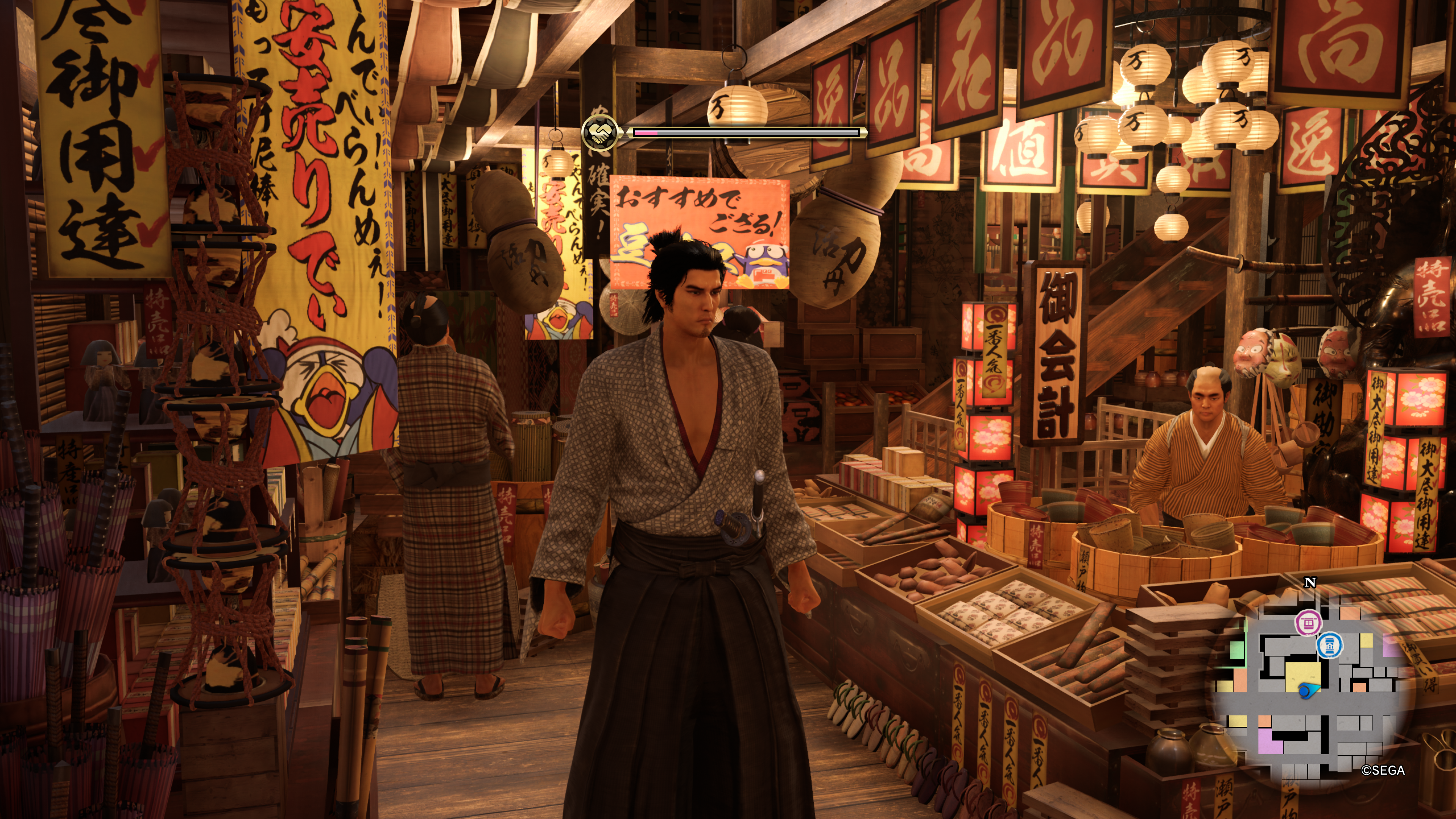 Like a Dragon Ishin Review - Ryoma standing in 1860s version of Don Quixote shop