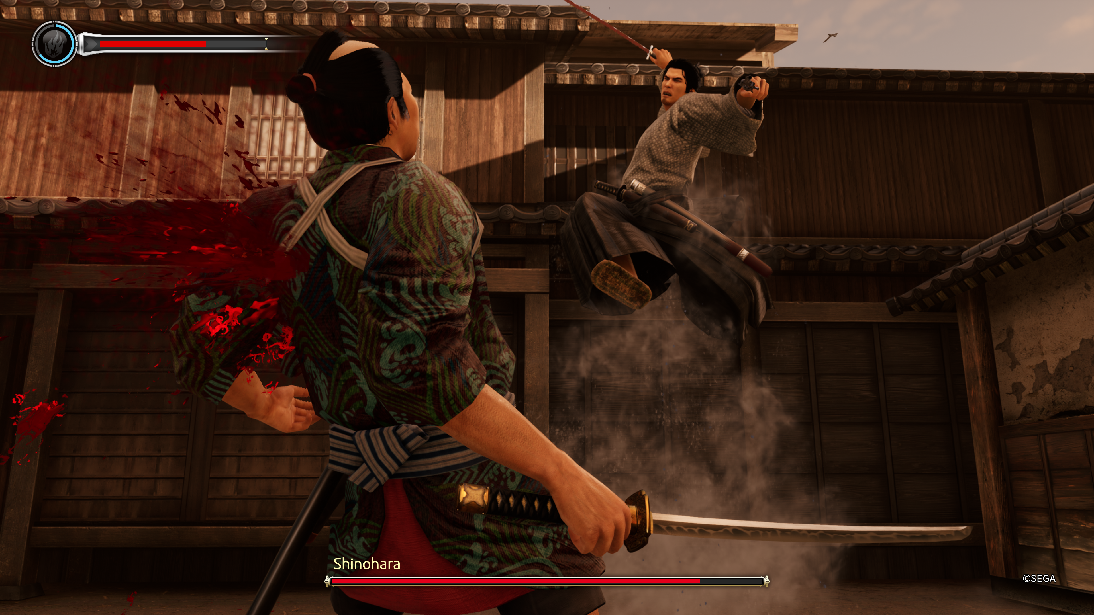 Just like Dragon Ishin commented - fighting Shinohara's boss, when Ryoma lunged at him with a katana, Shinohara's back spurted blood