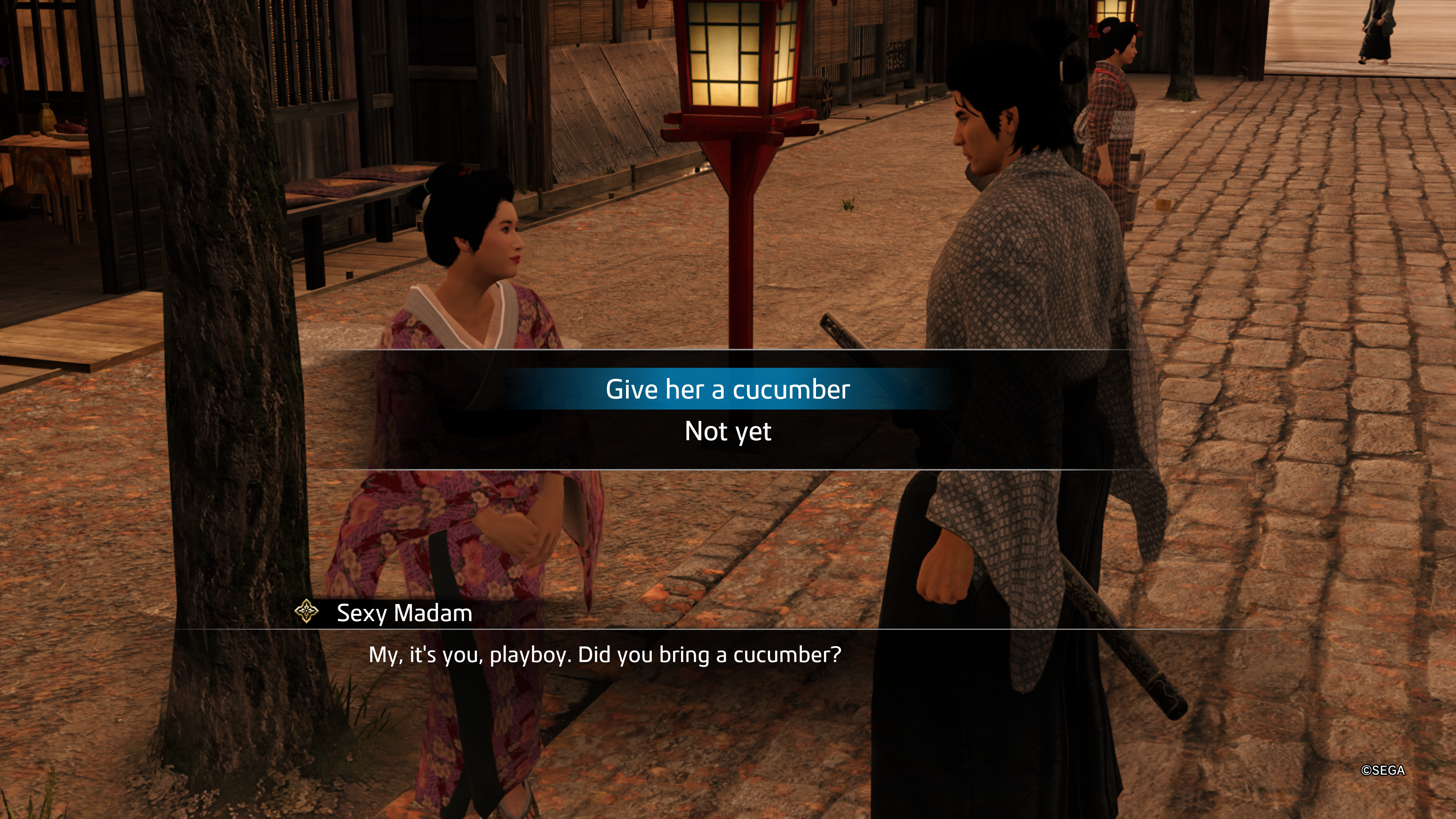 Like the Dragon Ishin comment - a lady named Sexy Lady asks if you brought her a cucumber, and the popup gives you the chance to give her one.