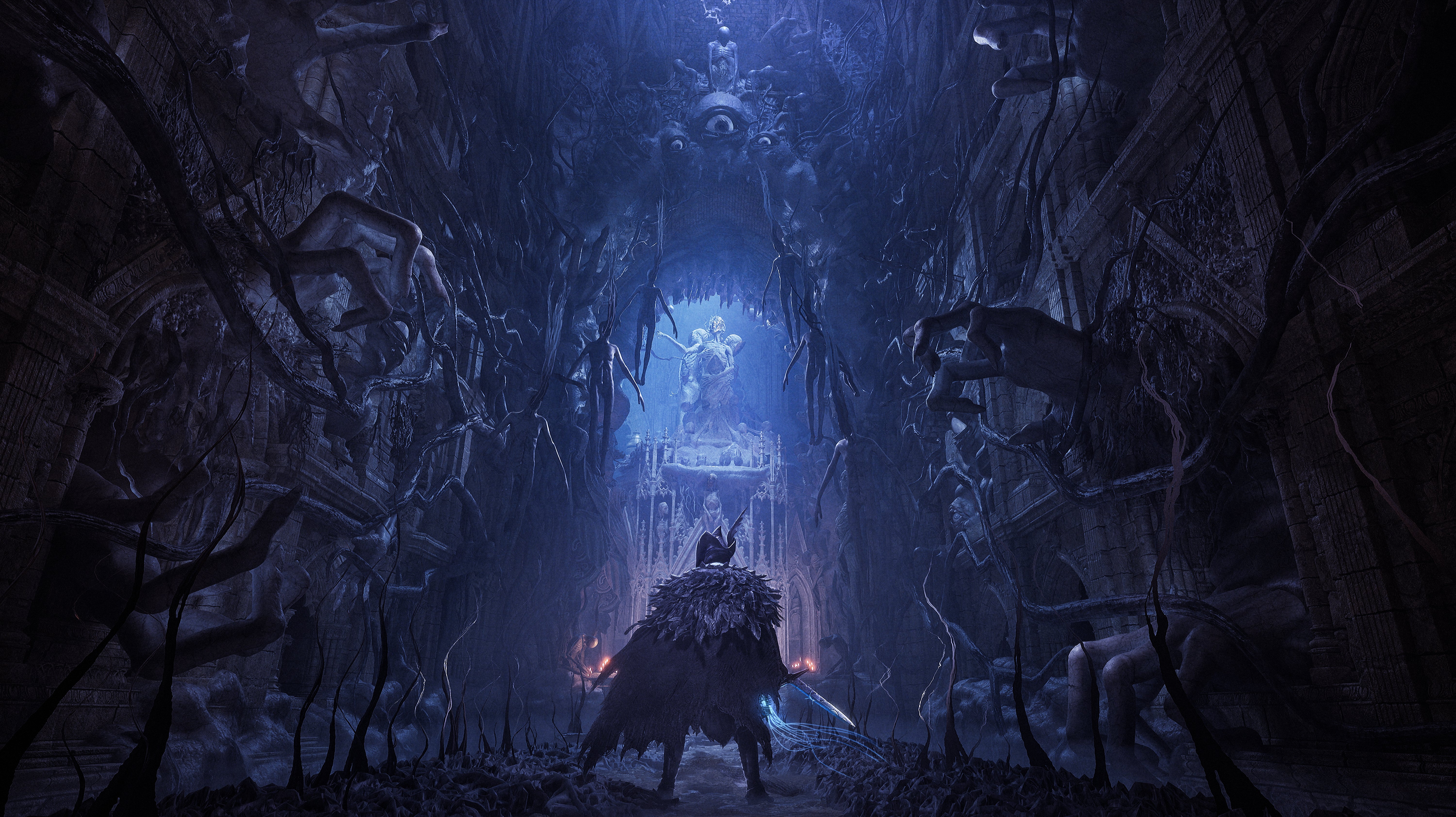 Pratinjau Lords of the Fallen - karya seni resmi dari karakter pemain yang melihat ke bagian dunia yang biru bercahaya