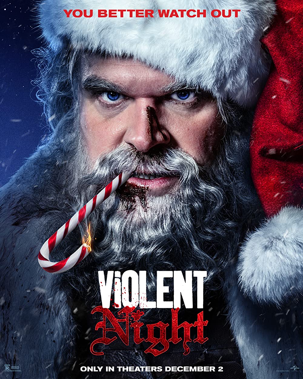 Poster featuring David Harbour as Santa biting on a candy cane