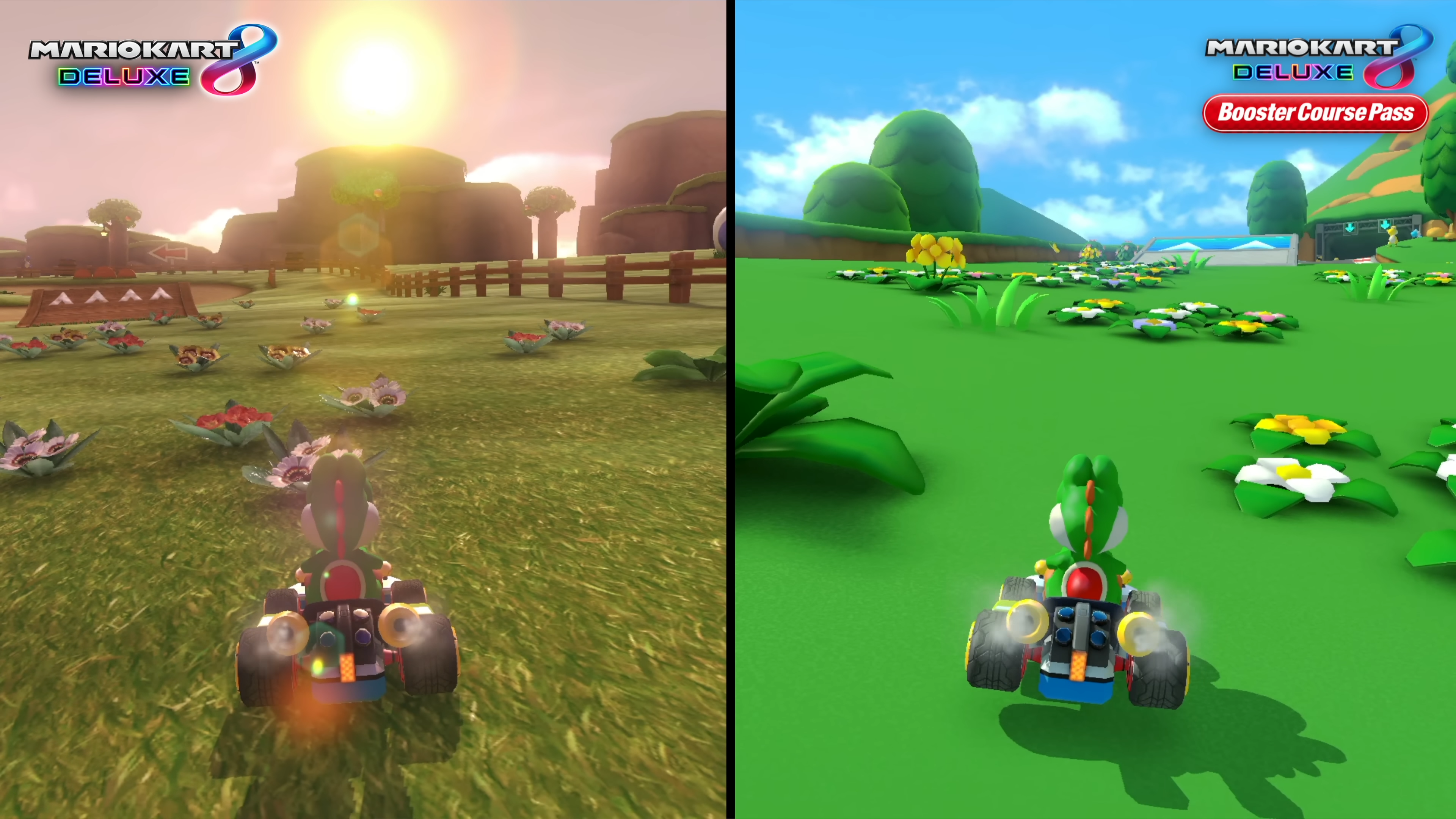 a comparison between similar MK8 Deluxe and Booster Course Pass tracks.