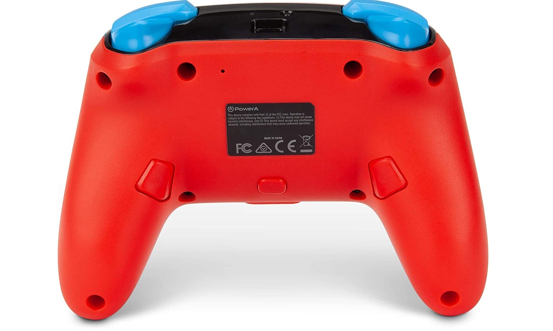 Back side of Mario branded PowerA wireless controller for the Nintendo Switch