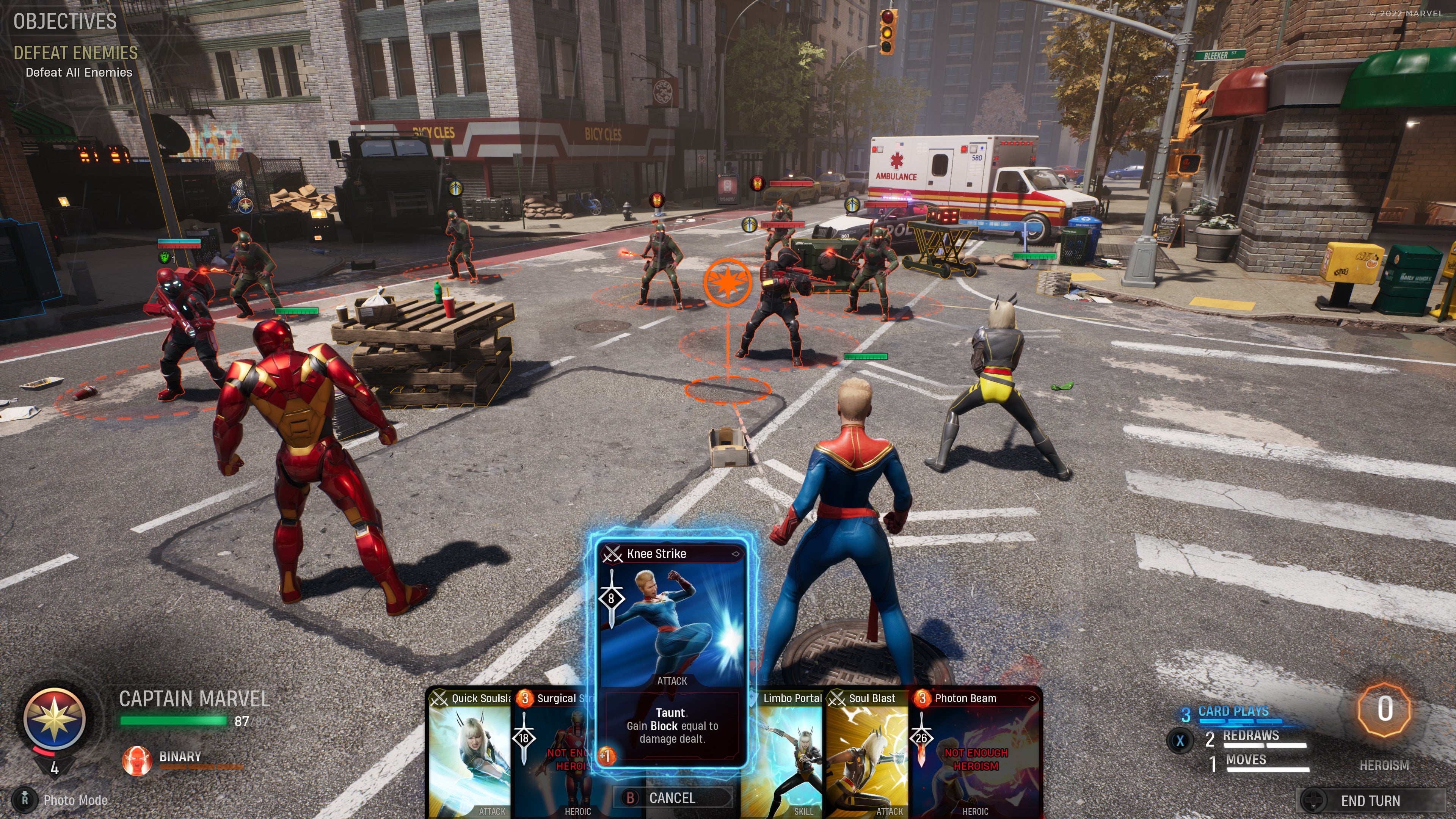 Superheroes Iron Man, Captain Marvel and Magik face off against Hydra soldiers on the crossroads of an urban, city street.