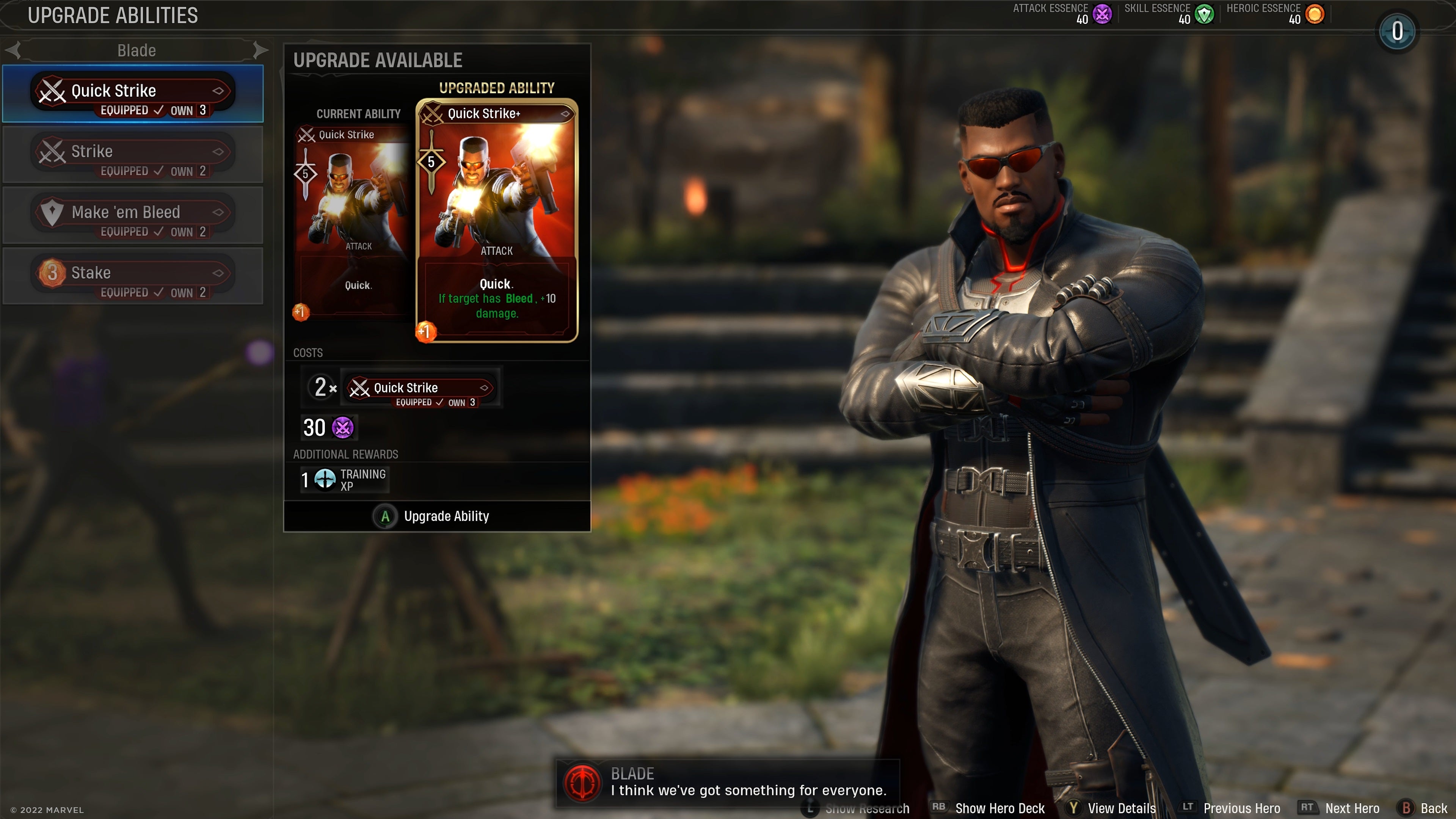 Superhero Blade faces the camera, arms folded, as his card abilities are swapped on the left hand side of the menu.