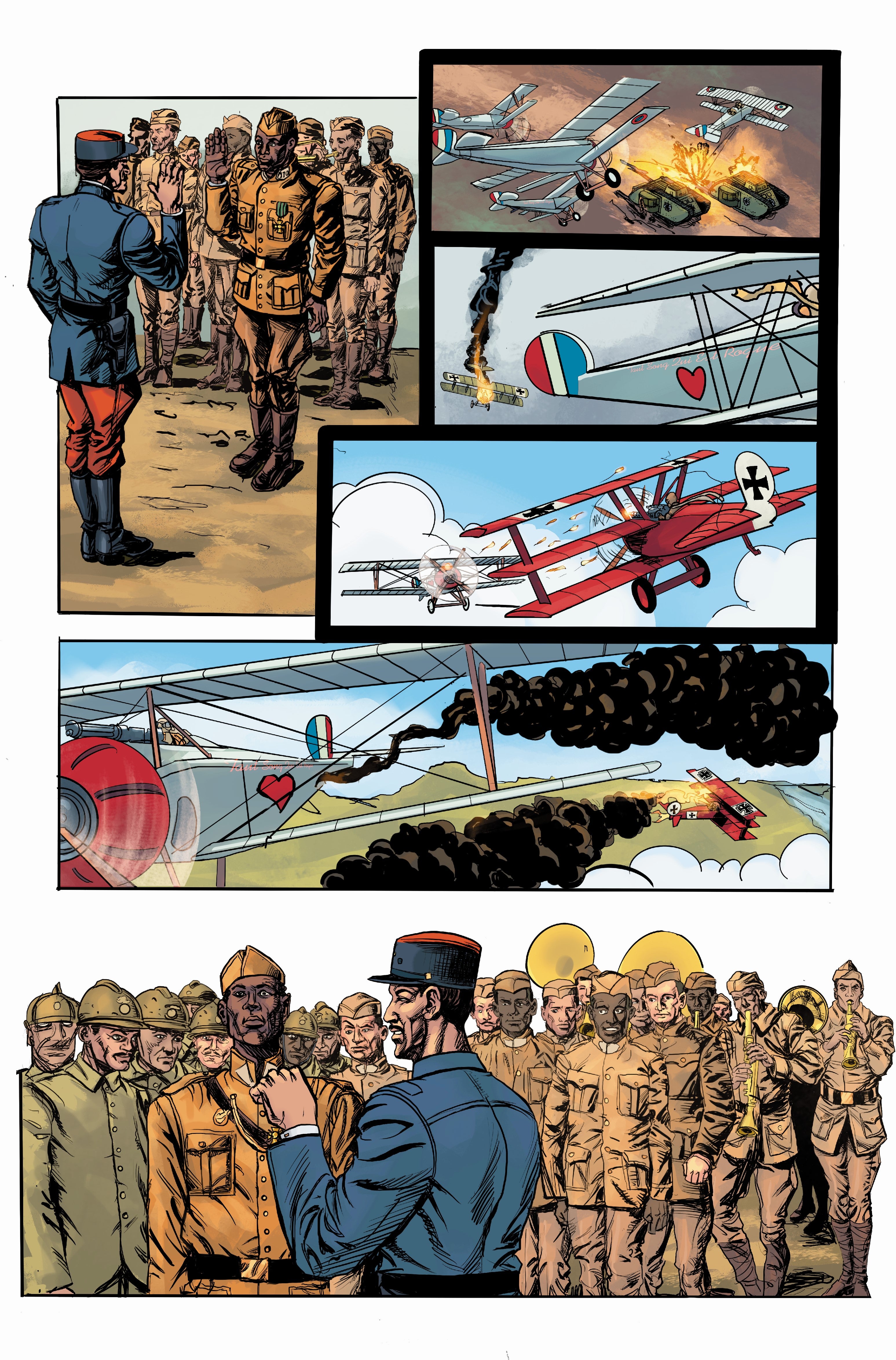Interior page of a comic featuring soldiers and a crashing plane
