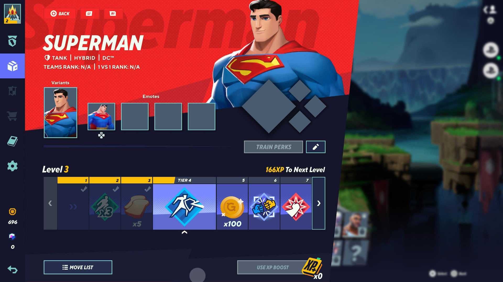 Superman's character selection screen in MultiVersus