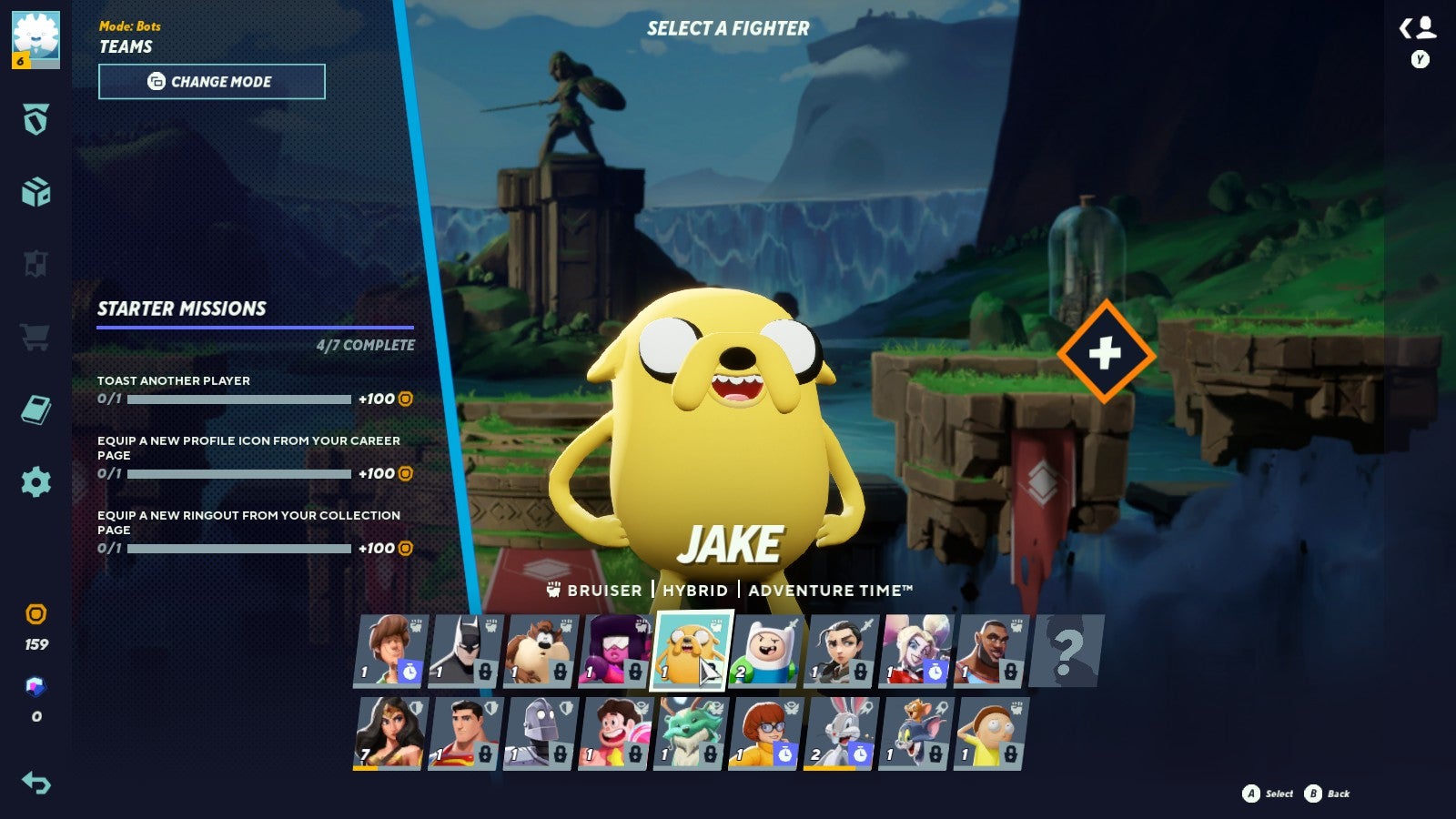 Multiversus review - the character select screen with Jake from Adventure Time selected