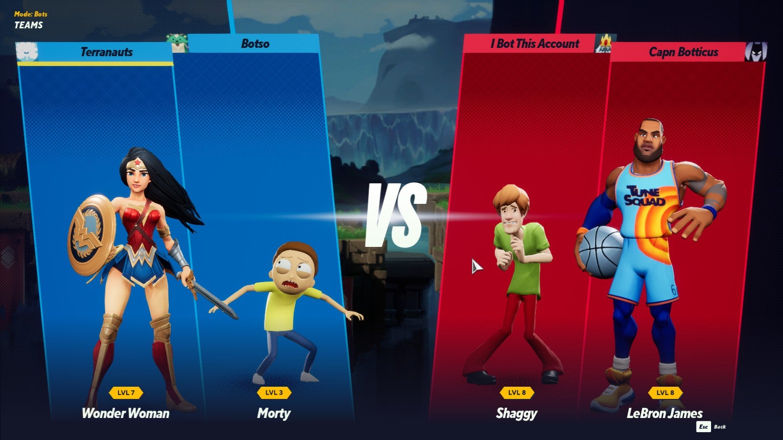 Multiversus review - match loading screen showing Wonder Woman and Morty vs Shaggy and LeBron James