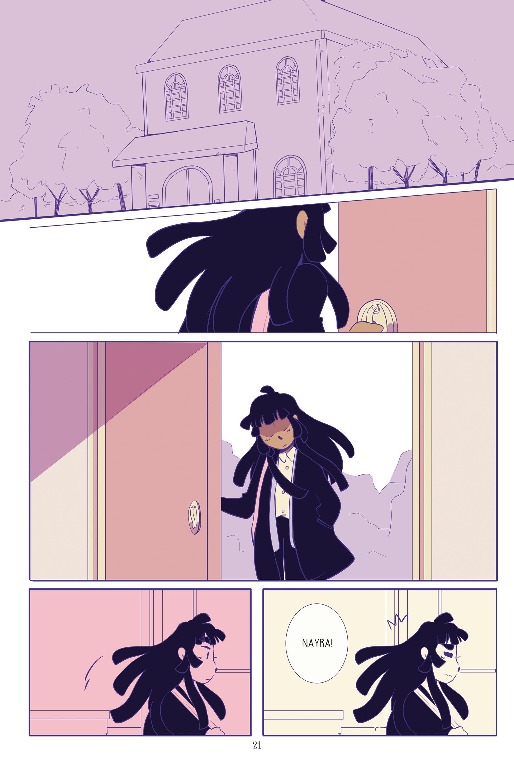 A comics page featuring a house, then a girl walking into the house. The bottom of the page, there's an unconnected world balloon that reads "Nayra!"