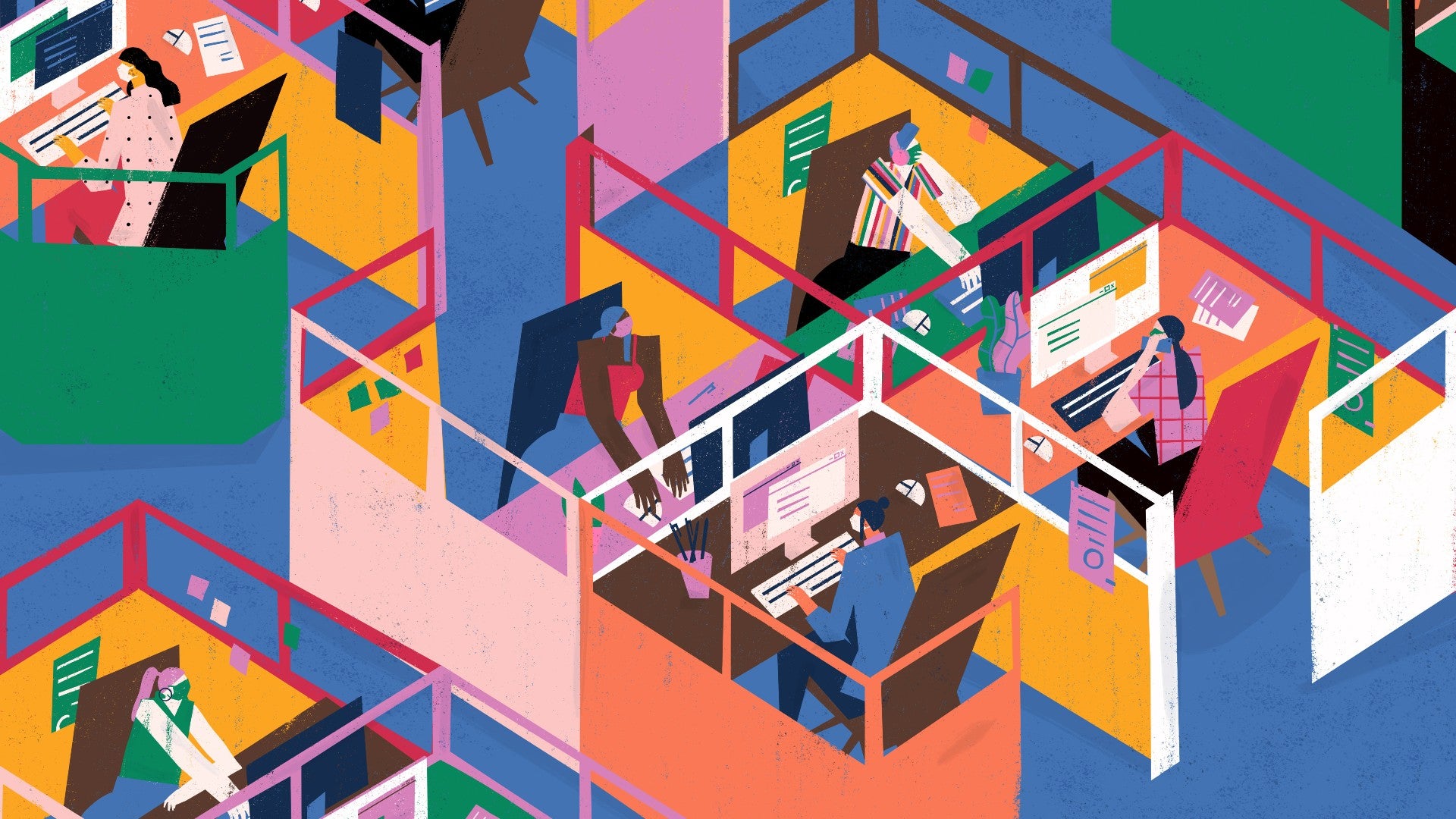 Stylized art of a diverse group of people working in cubicles
