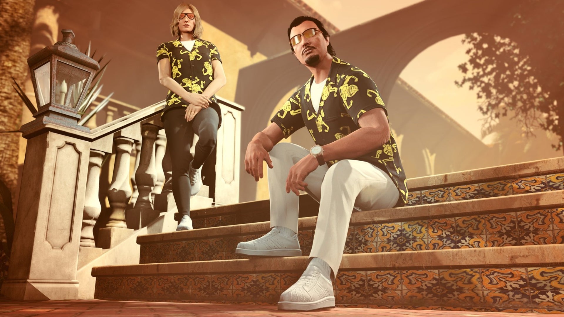Rockstar的官方图片是两个角色坐在别墅的楼梯上