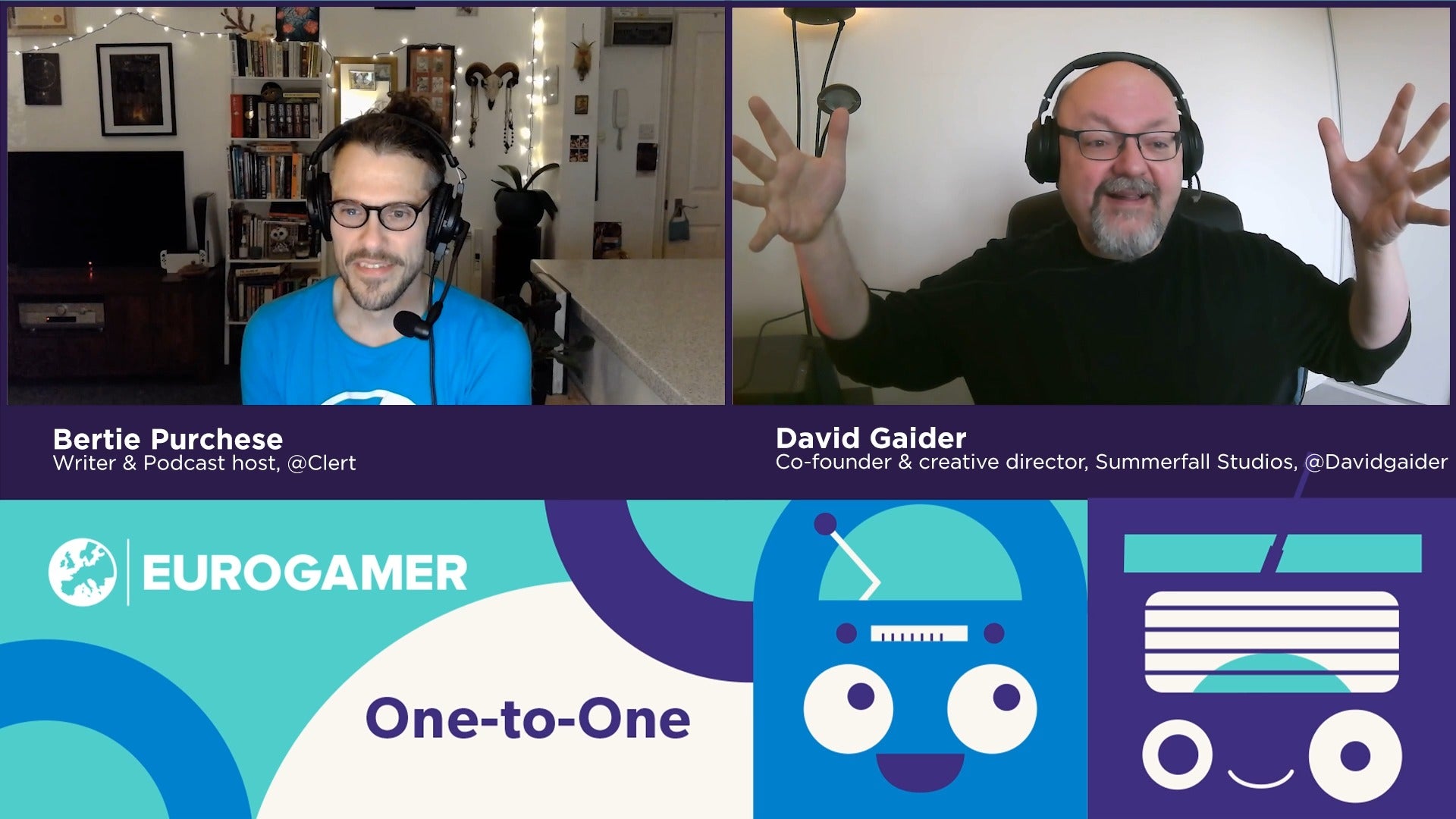 Dragon Age creator David Gaider spreads his hands wide as he explains something to a smiling Bertie in this episode of the One-to-one podcast.