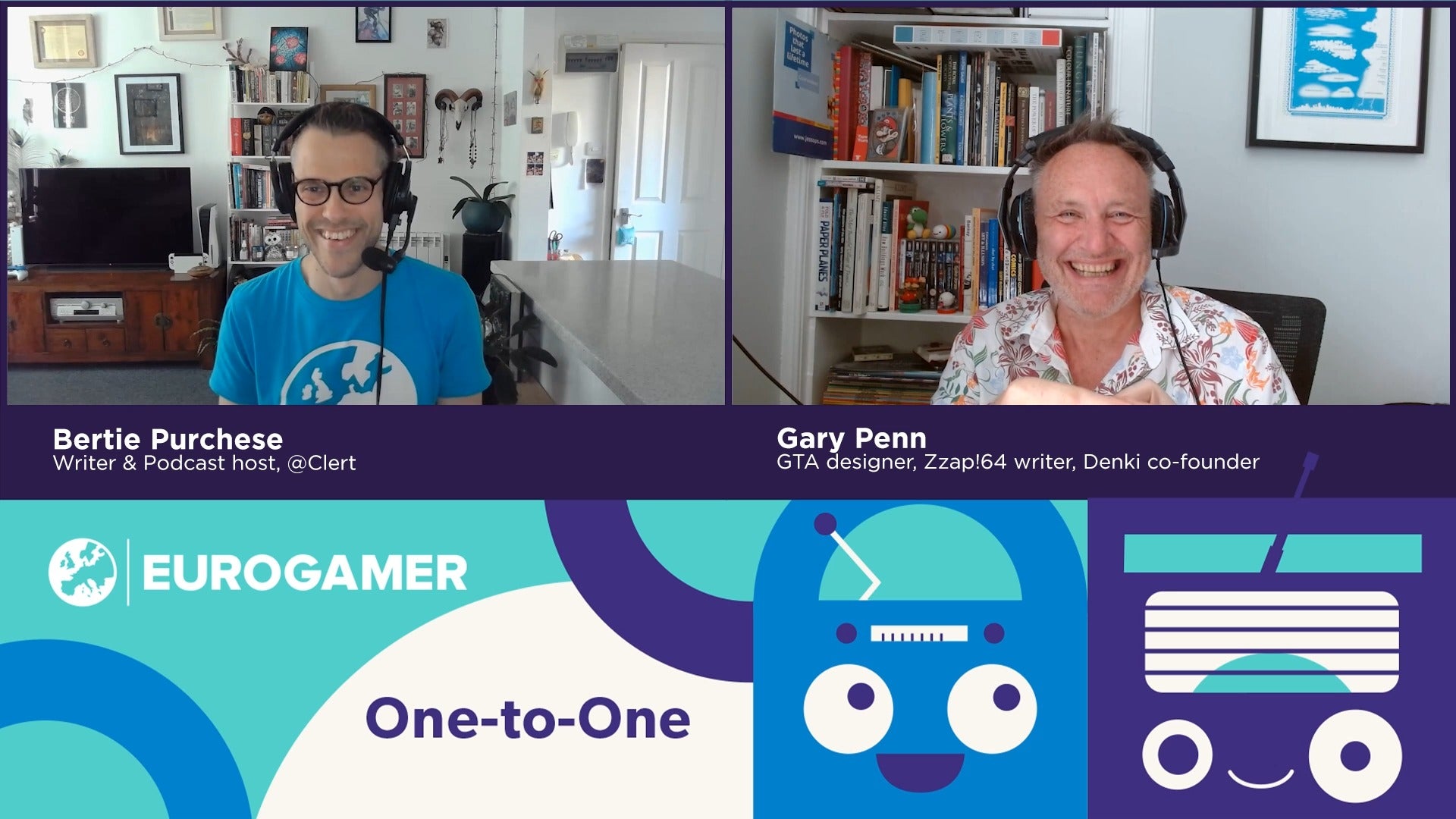 This screen is halved. One half shows the colourful One-to-one logo, which has friendly faces on radios. The other half shows two windows with video feeds in - one of host Bertie, in a blue Eurogamer t-shirt, smiling; and the other of Gary Penn in a flowery shirt, also smiling. What are they laughing at?