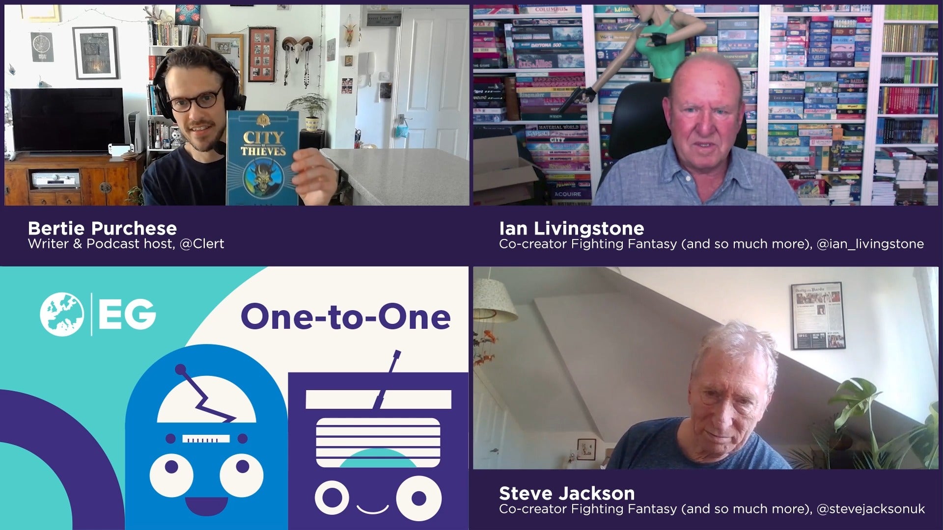A quartered screen with three video call streams in it. Bertie is in one, holding up a Fighting Fantasy book. In the others are Ian Livingstone and Steve Jackson, the creators of Fighting Fantasy.