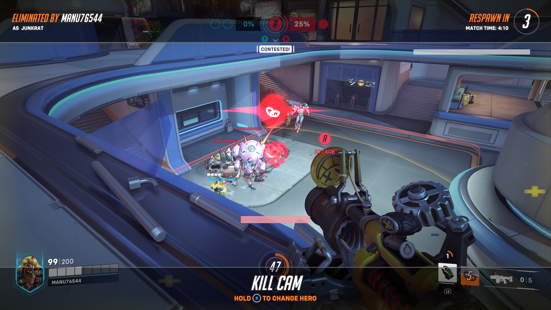 Overwatch 2 review - the killcam view of an enemy Junkrat murdering your team as they group on an objective