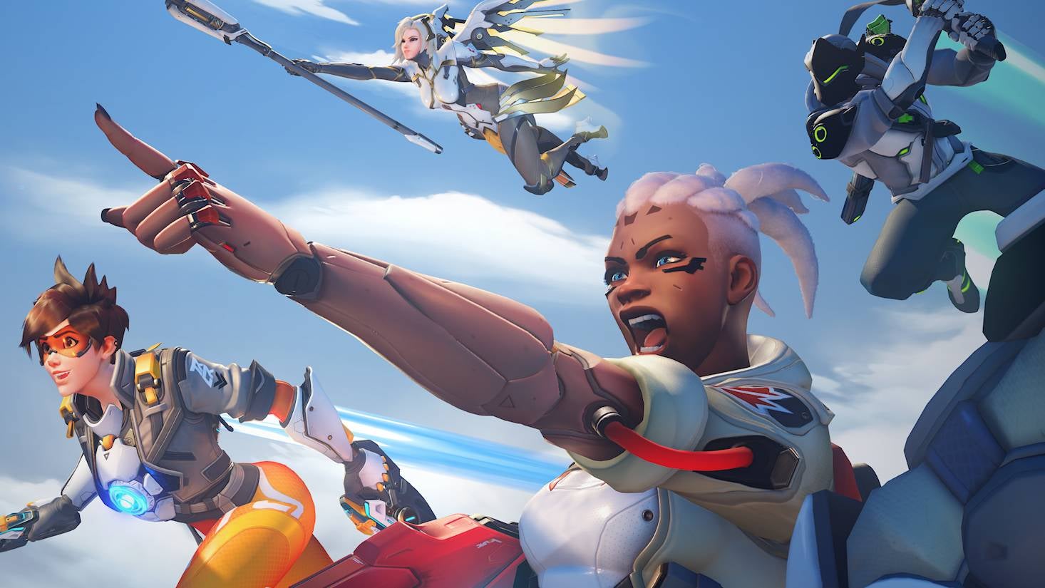 Overwatch 2 review header - the heroic start menu screen of characters staring into the distance, cropped