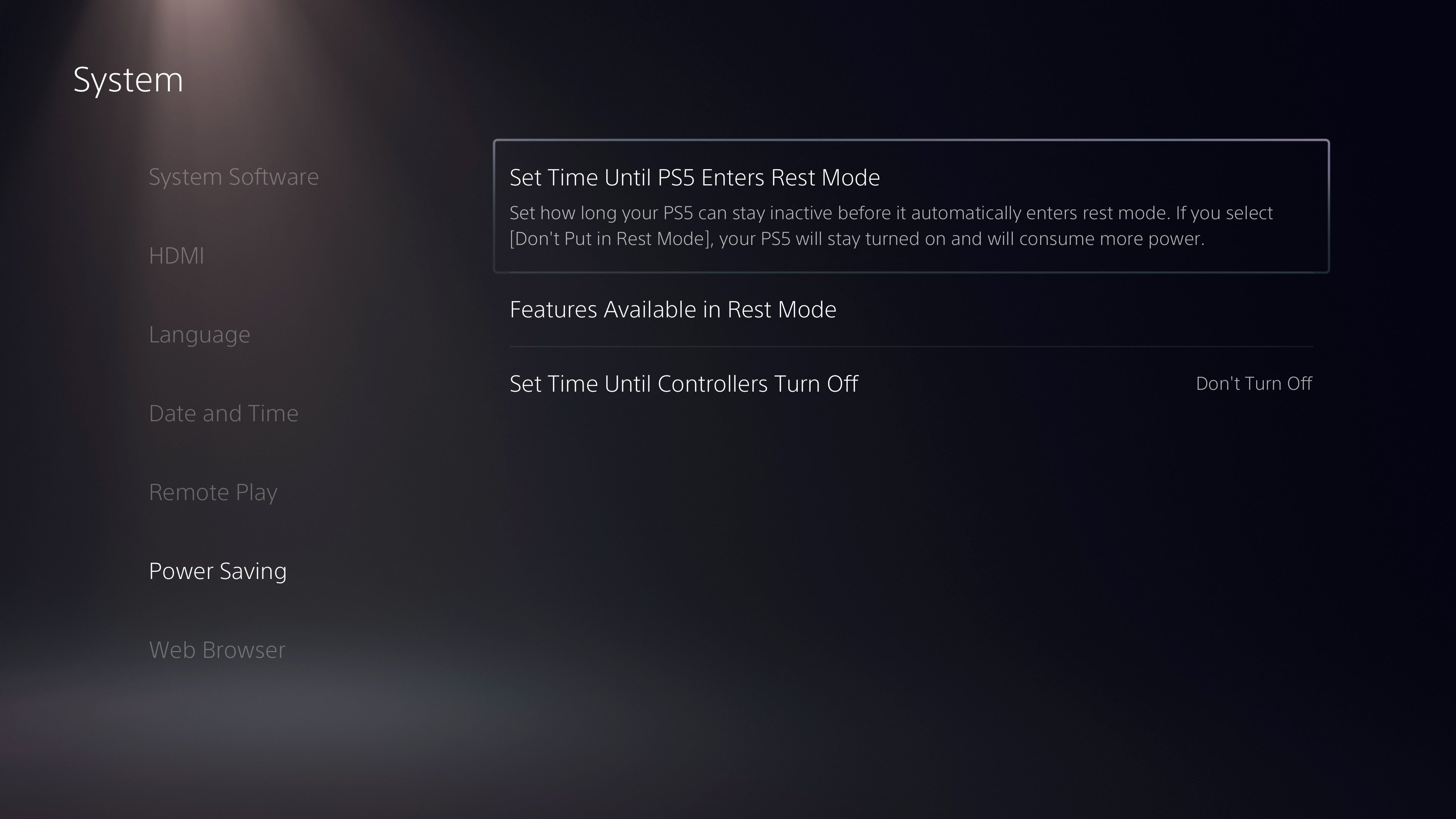 Una captura de pantalla de las opciones de energía de PlayStation 5.