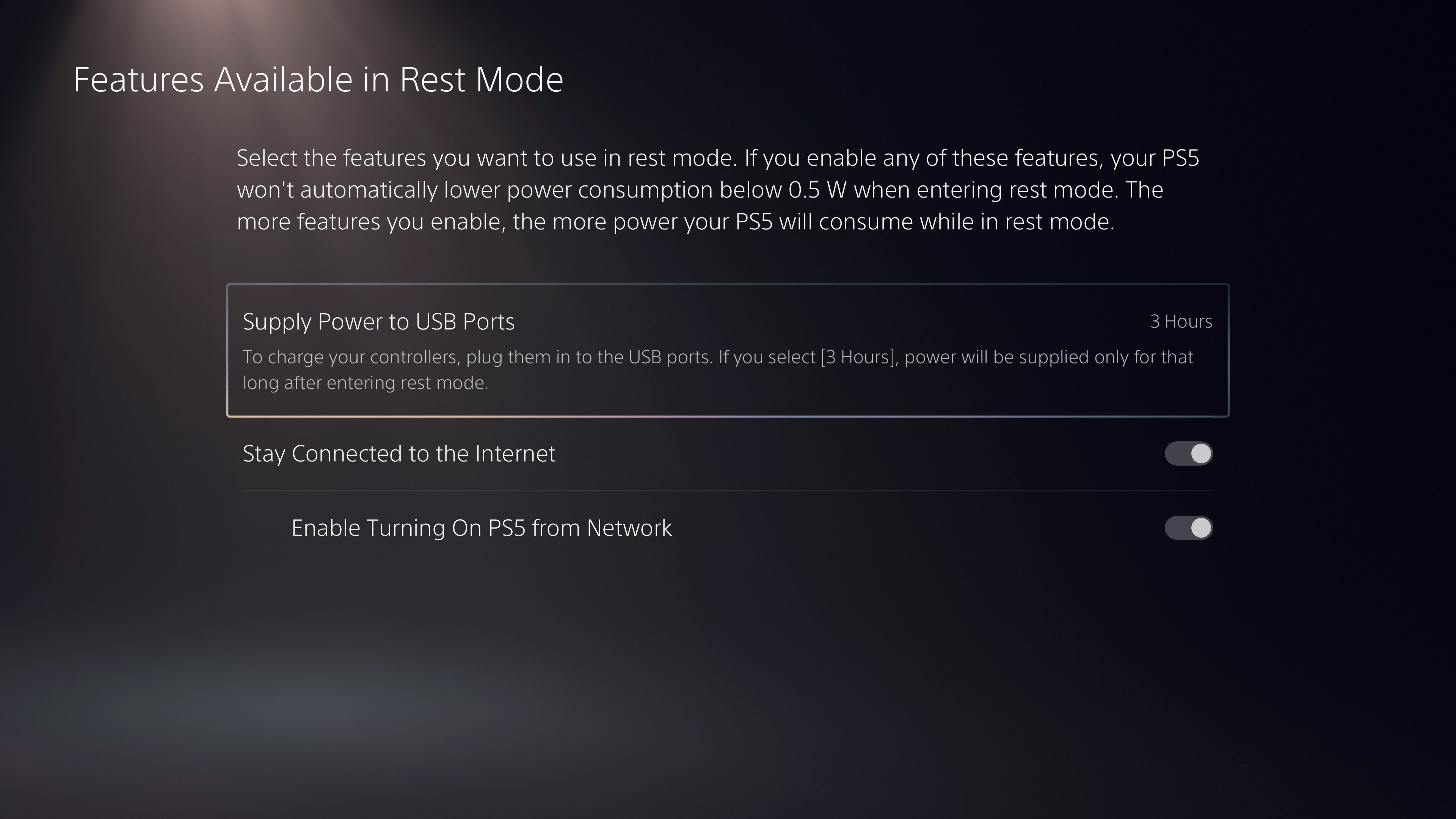 A screenshot of the PlayStation 5 power options, as seen in the menus on the machine.