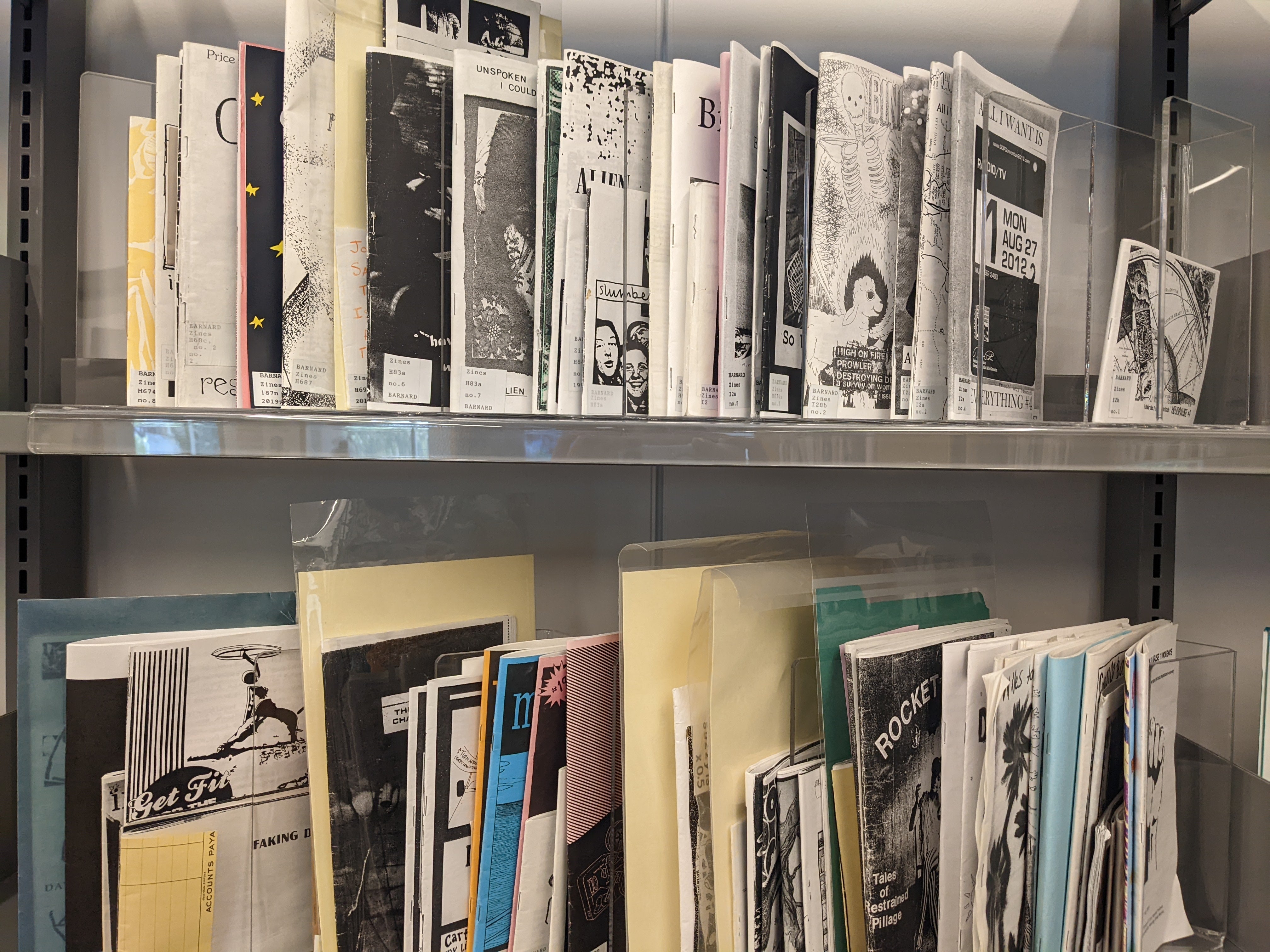 A photograph of two shelves with plastic shelving with lined up zines featured