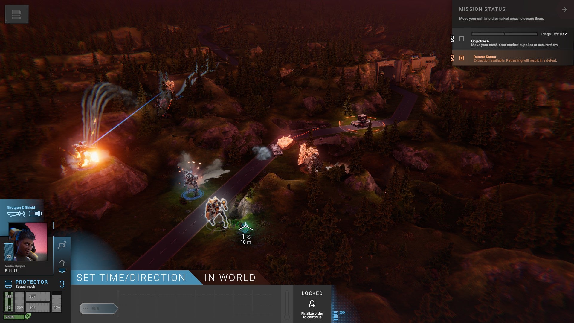 Phantom Brigade review - the raised camera view of the overworld, in wooded surroundings at dusk
