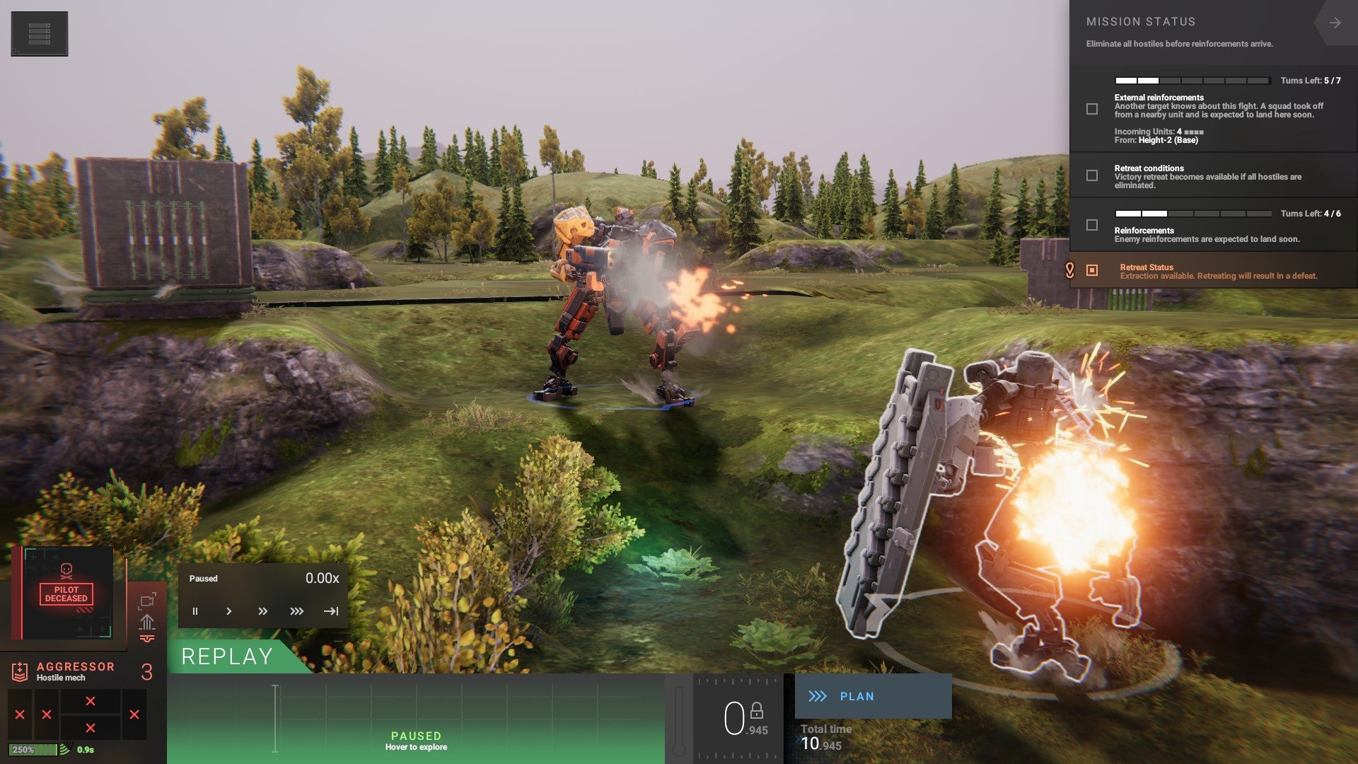 Phantom Brigade review - two mechs battle in a grassy surface environment