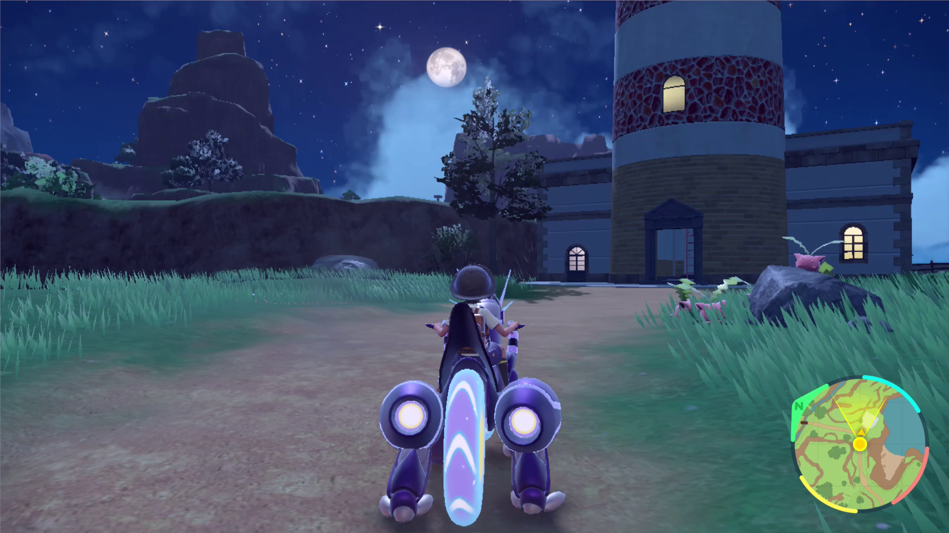 Pokémon Scarlet Violet - riding Miraidon at night towards a lighthouse