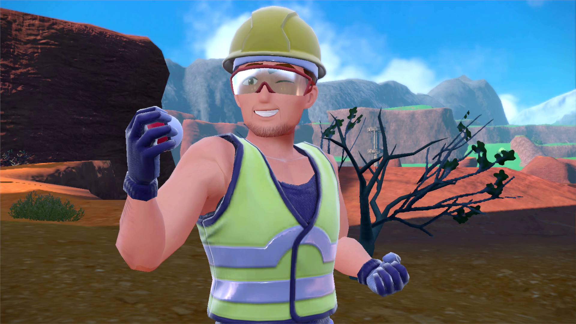 Pokémon猩红紫罗兰-训练师在高能见度的工作服准备战斗