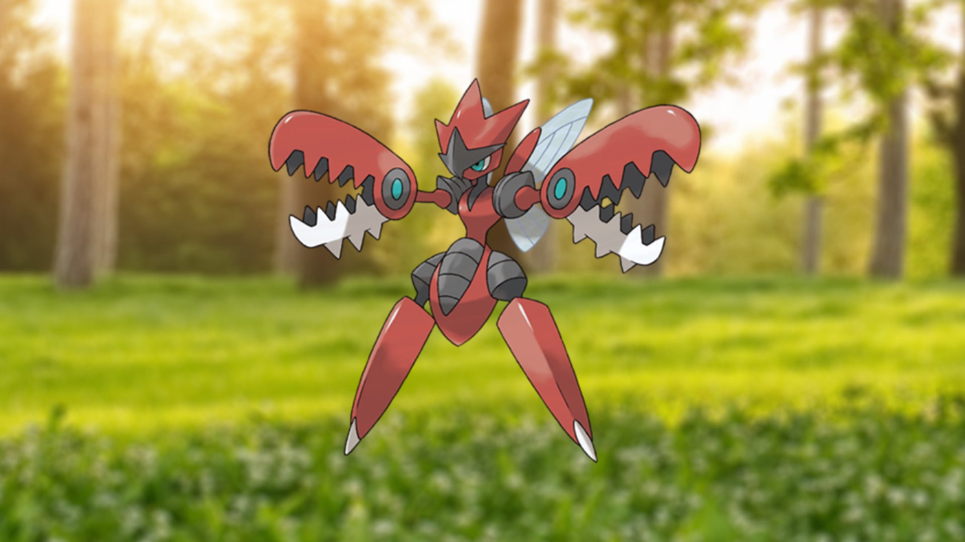 Mega Scizor stands against a forest background