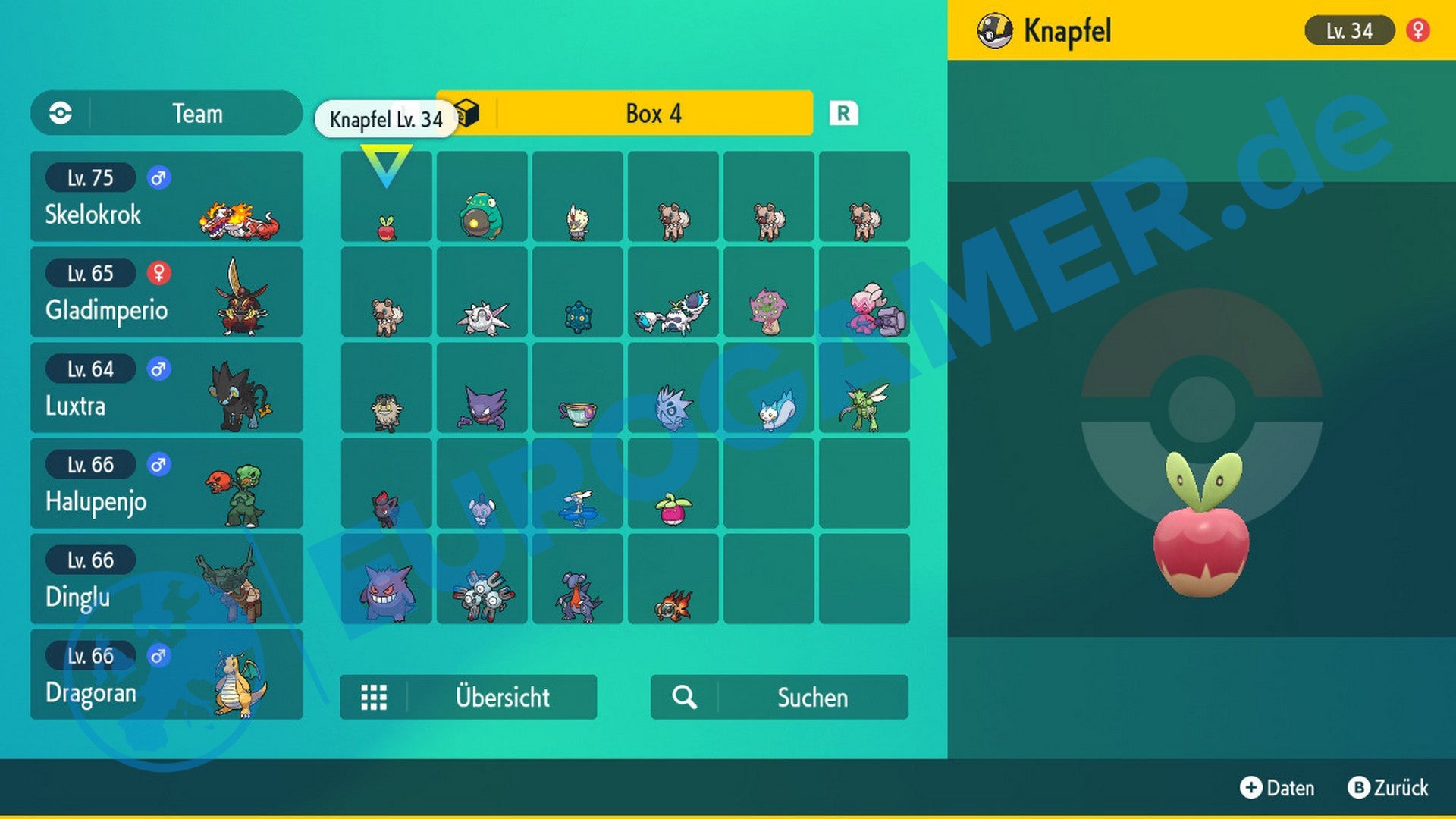 Eine Pokémon-Box in Pokémon Karmesin und Purpur.