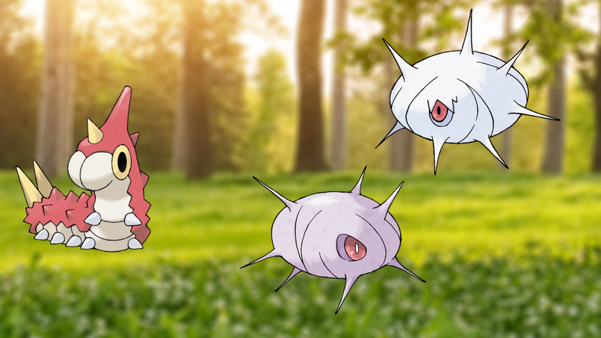 Wurmple, Silcoon, and Cascoon on a forest background in Pokémon Go