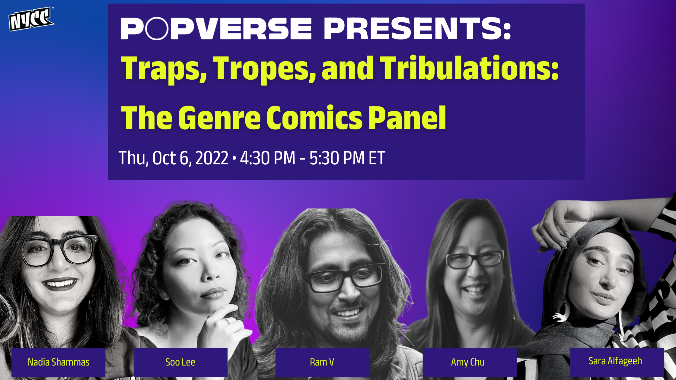 Purple banner that features the panel Traps Tropes and Tribulations information and headshots of Nadia Shammas, Soo Lee, Ram V, Amy Chu, and Sara Alfageeh