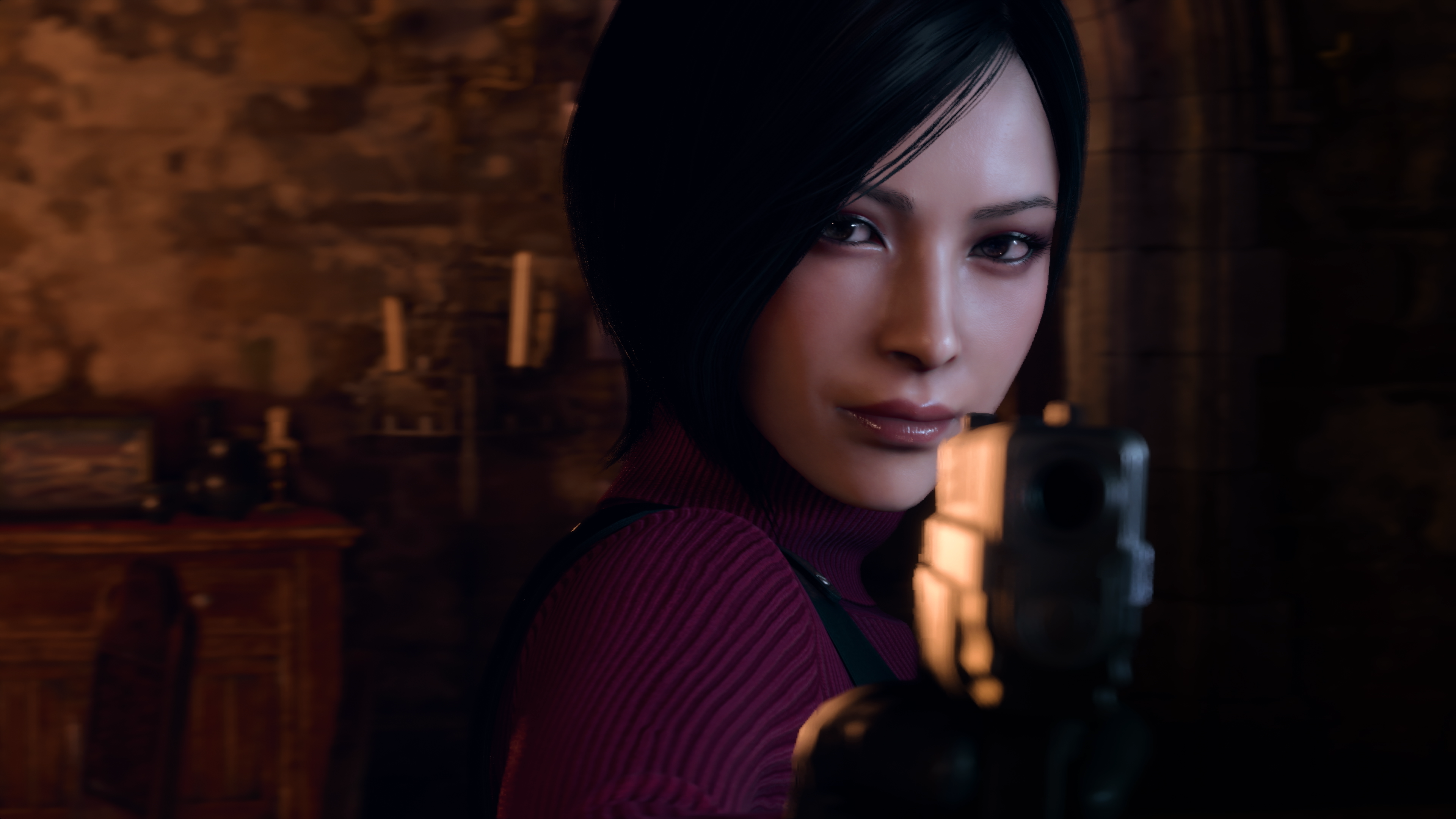 Ulasan pembuatan ulang Resident Evil 4 - tampilan dekat Ada yang mengarahkan pistol ke kamera