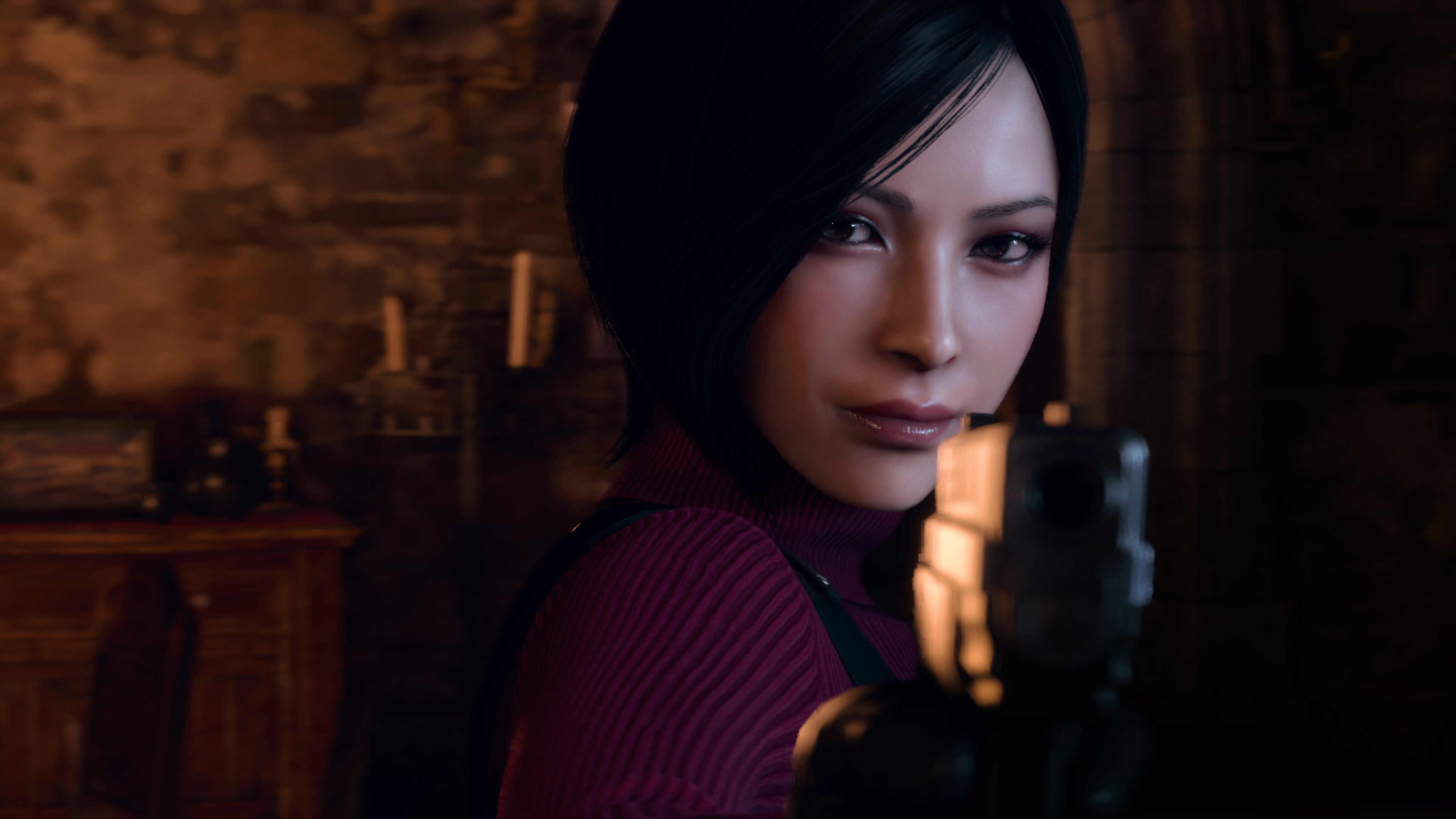 Resident Evil 4 Remake Review - Close-up of Ada pointing a pistol at the camera