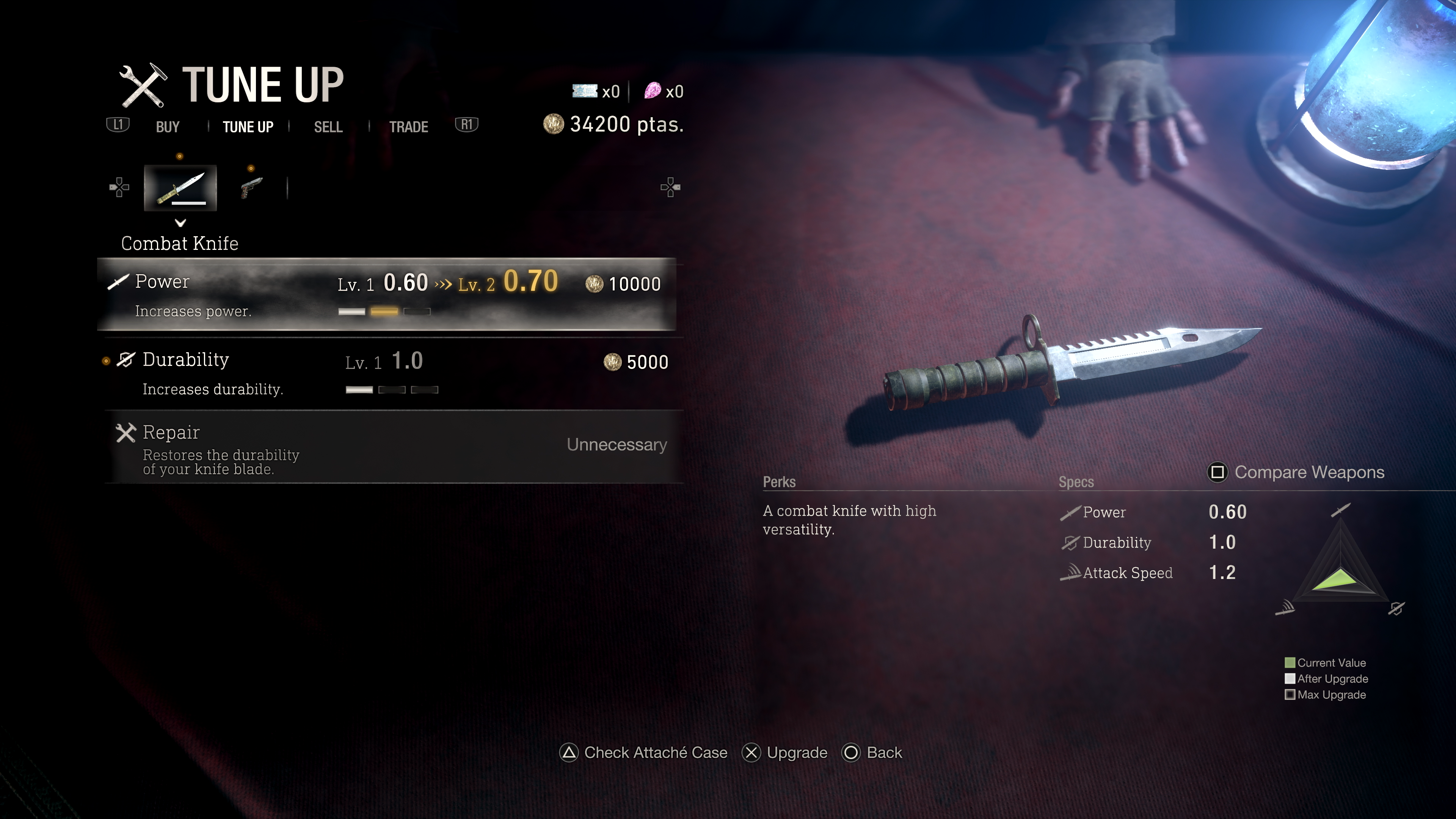 Resident Evil 4 Remake review - weapon customization screen centered around your knife