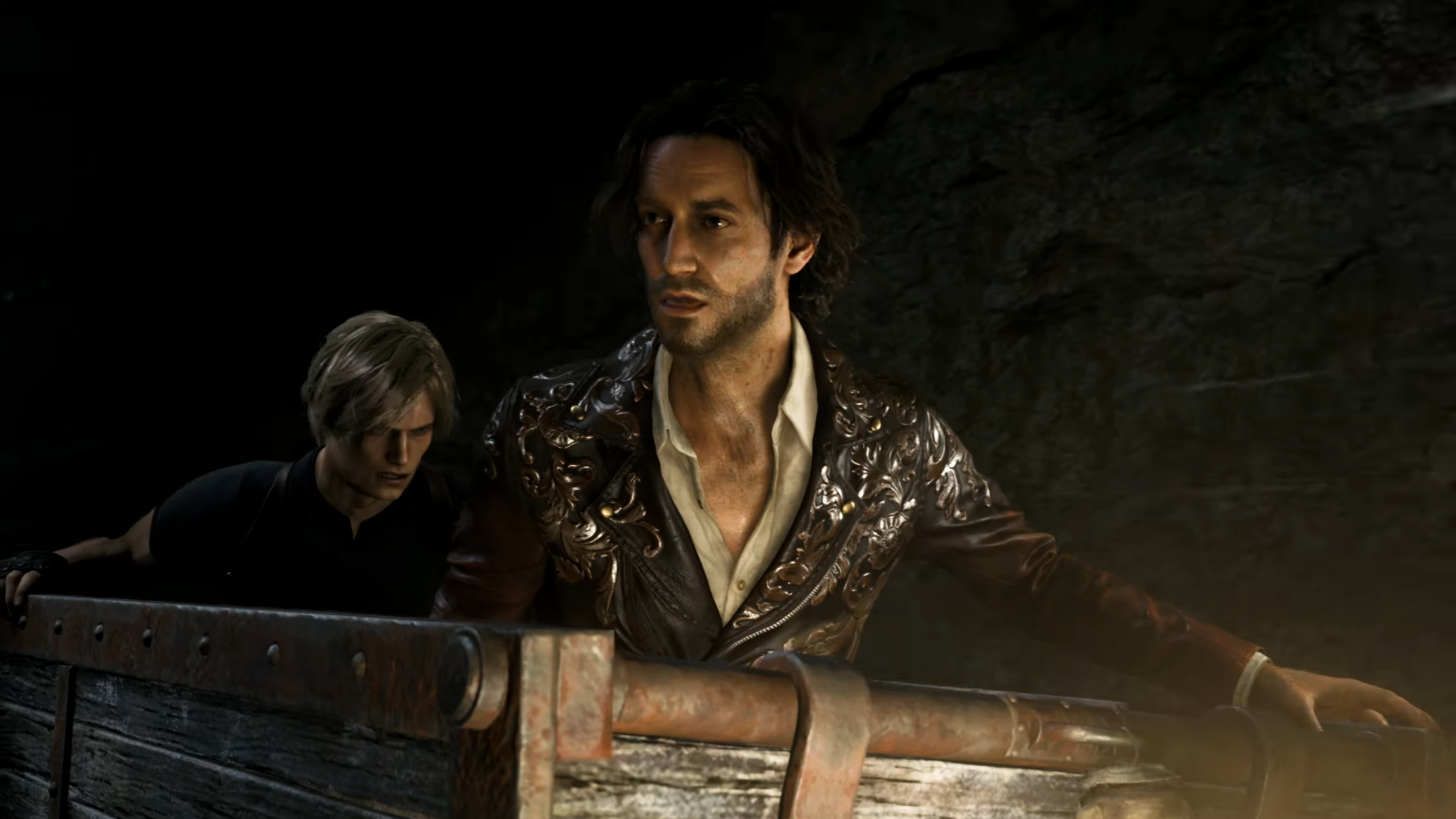Luis et Leon dans un chariot de mine dans Resident Evil 4