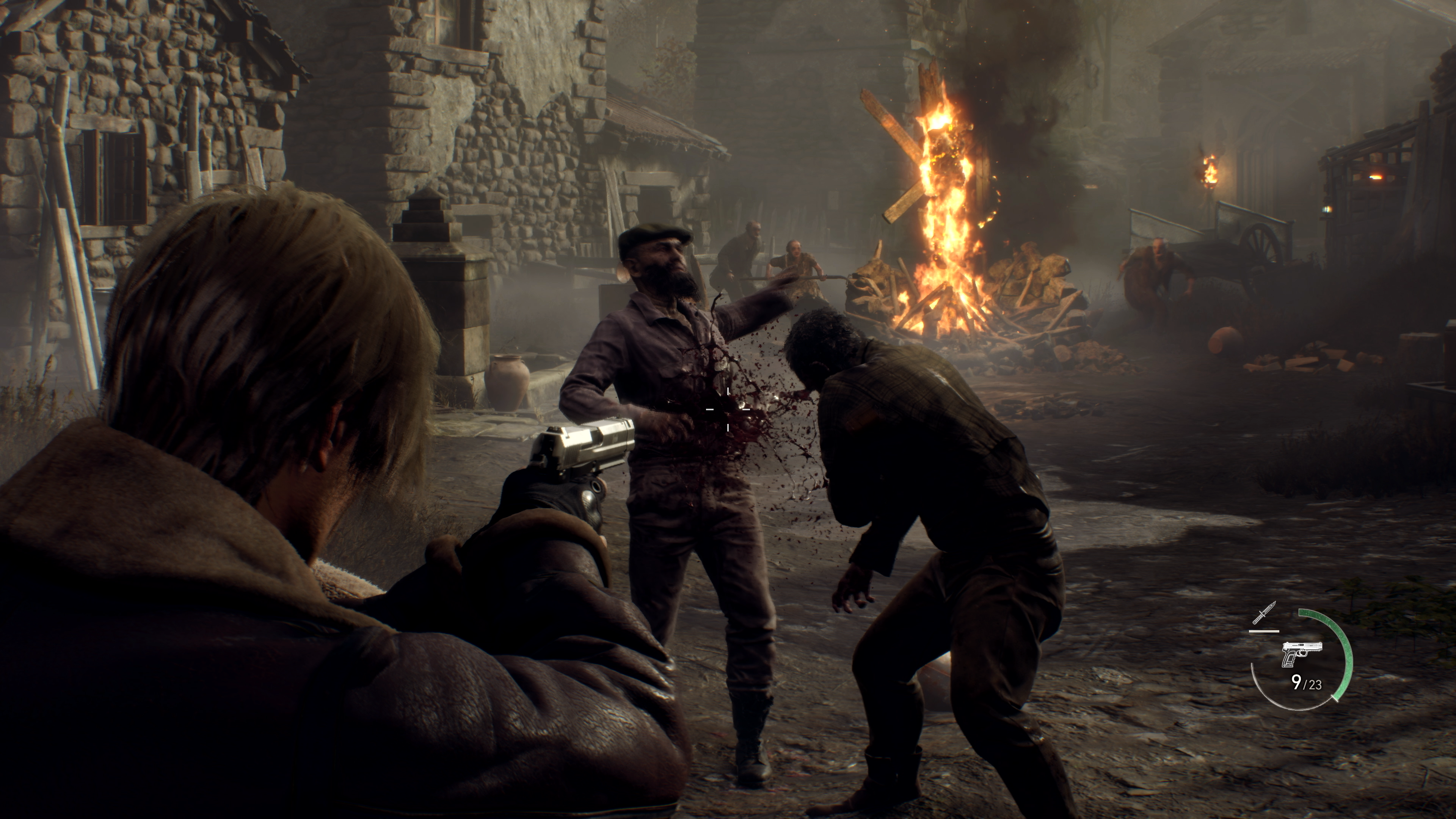 Resident Evil 4 Remake review - Leon shoots enemies outside with a pistol