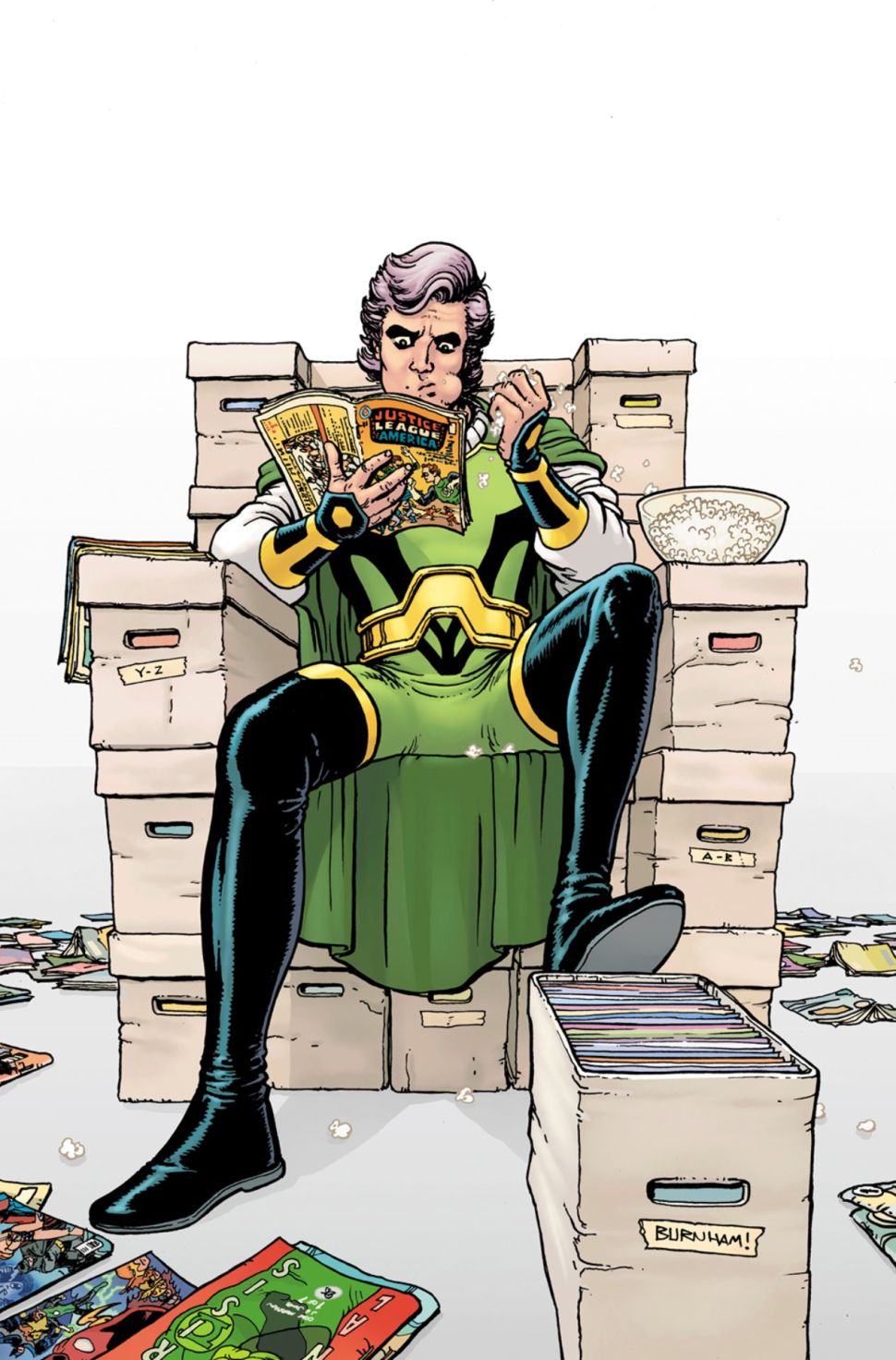 DC Road to Dark Crisis cover art Pariah is sitting on a chair made out of filing boxes as he reads a comic and eats popcorn