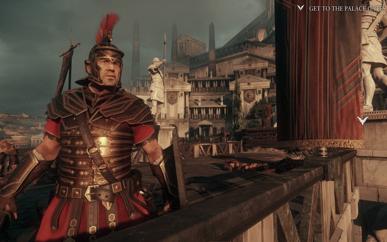 A screenshot of the ancient Roman game Ryse.  A legion stands looking into the distance with a city, probably Rome, in the background behind it.