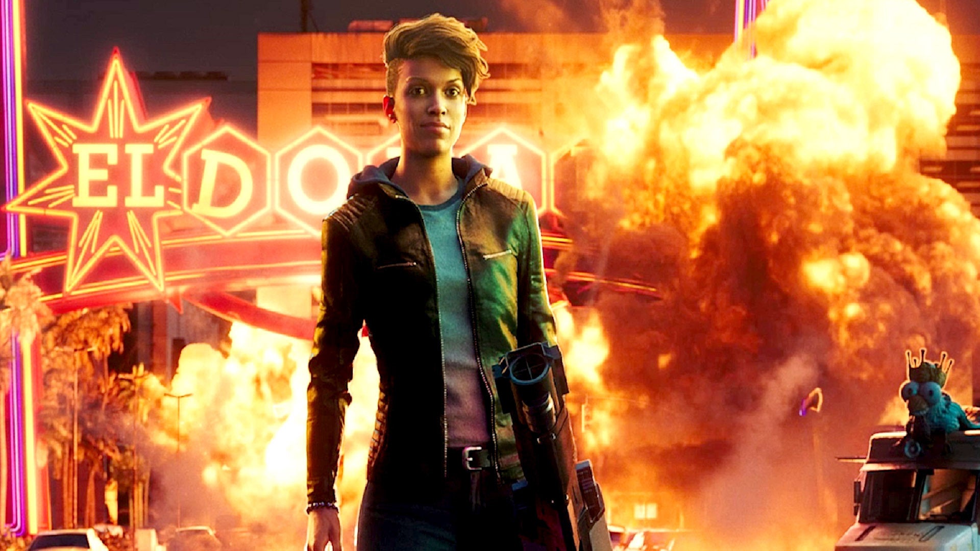 saint's row key art, featuring a character standing in front of an explosion